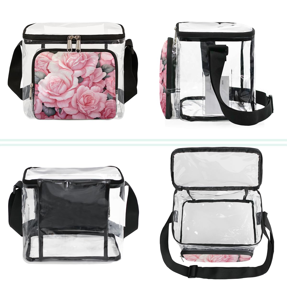 GzLeyigou Clear Transparent Tote Bag with Pink Rose Flowers - Valentine's Day Shoulder Bag for Women, Crossbody Purse for Outdoor Travel, Picnic, Concerts & Sports Events (Stadium Approved) - Perfect for Date Night, Beach Outings and Festival Accessories
