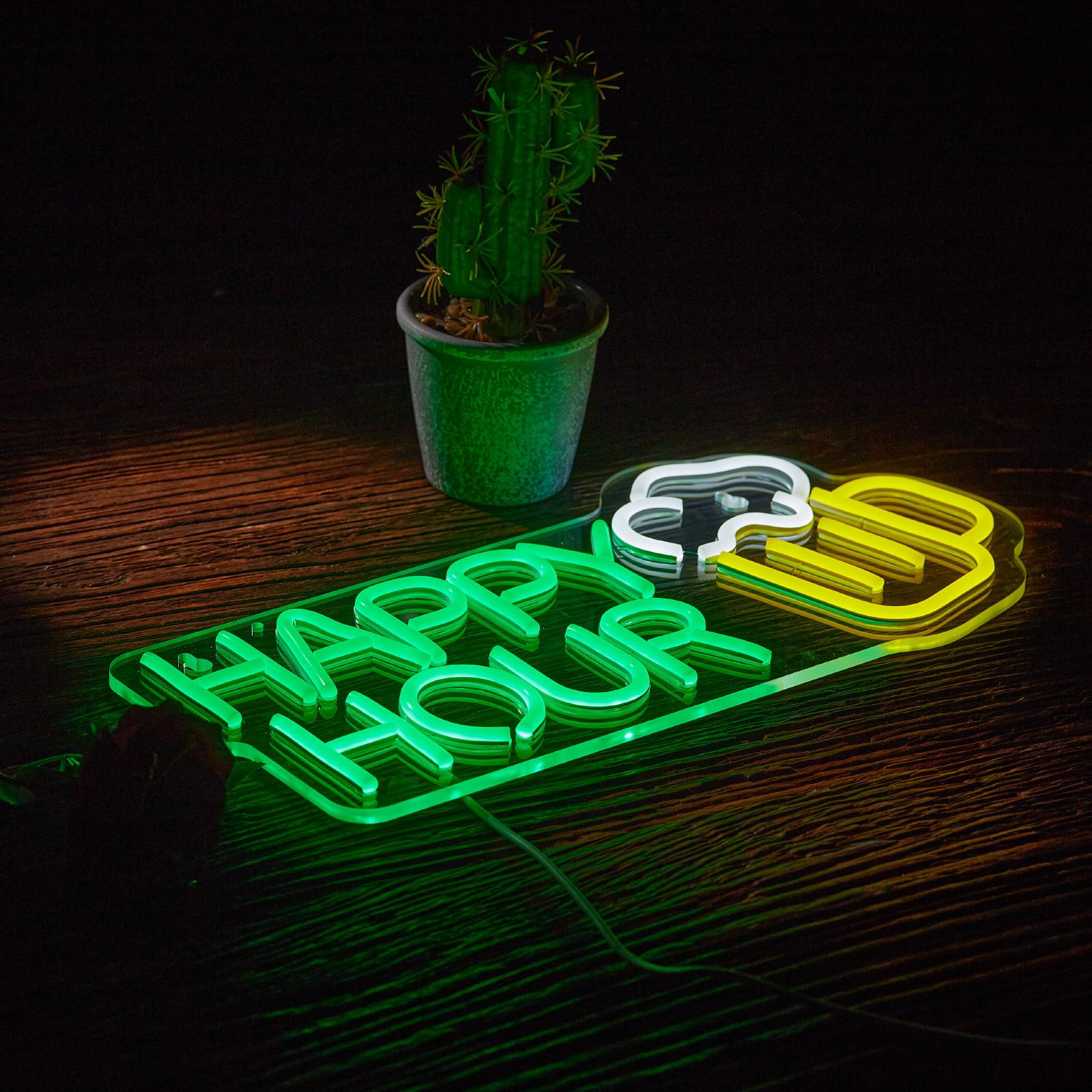 Roouneon Happy Hour Neon Sign - 17x8 Inch Dimmable LED Beer Bar Light for Club, Bedroom, Office, Hotel, Pub, Cafe, Wedding & Birthday Party Decor - Perfect for Man Cave, Wall Art & Nightlife Ambiance