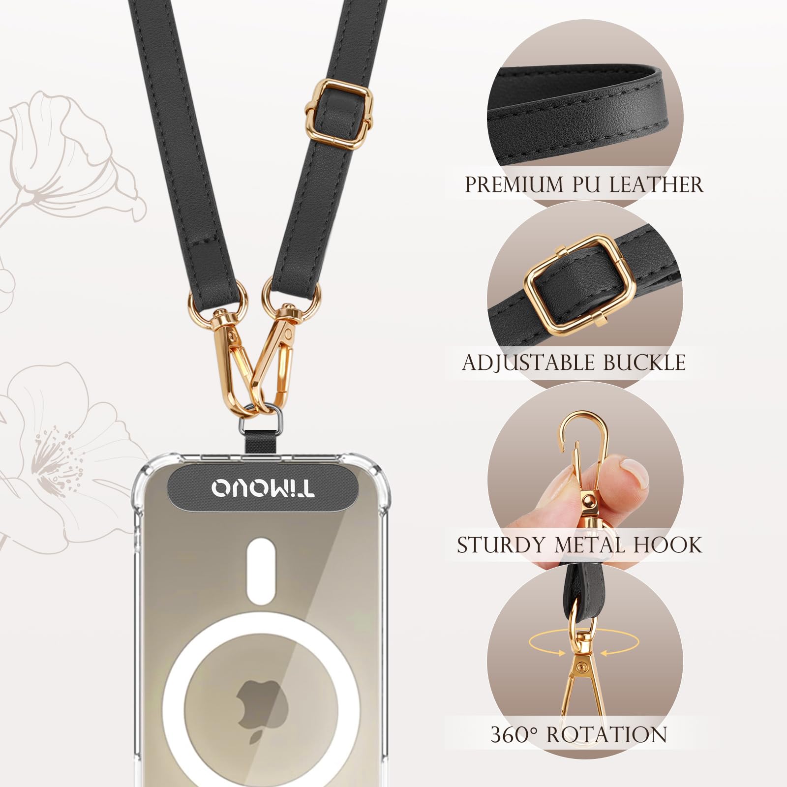 TiMOVO Adjustable Phone Lanyard - Leather Crossbody & Wrist Strap for Smartphones - Perfect for Travel & Outdoor Use
