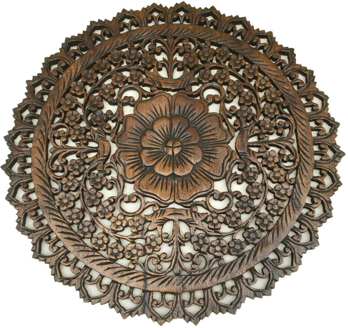 Tropical Bali Wood Carved Wall Art Plaque - Round Floral Wood Wall Decor Hanging, 24