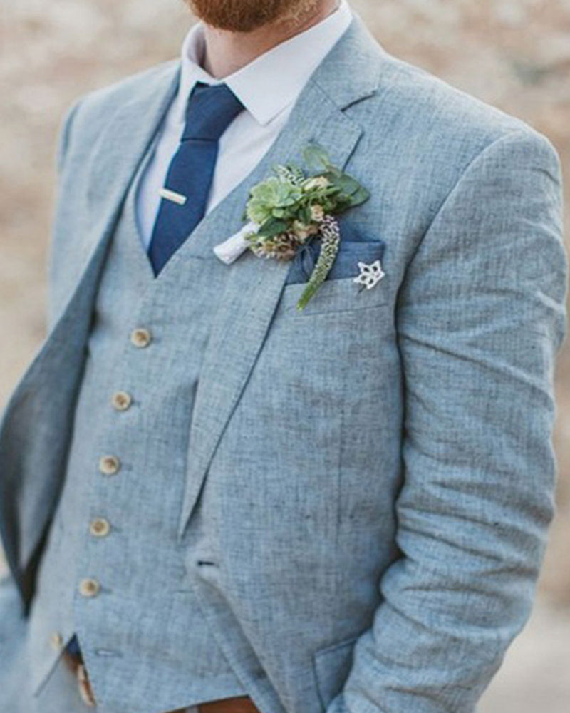 Premium Light Blue Linen 3-Piece Wedding Suit for Men - Summer Groom Outfit (Jacket, Pants & Vest) | Breathable & Stylish for Beach Weddings & Outdoor Ceremonies