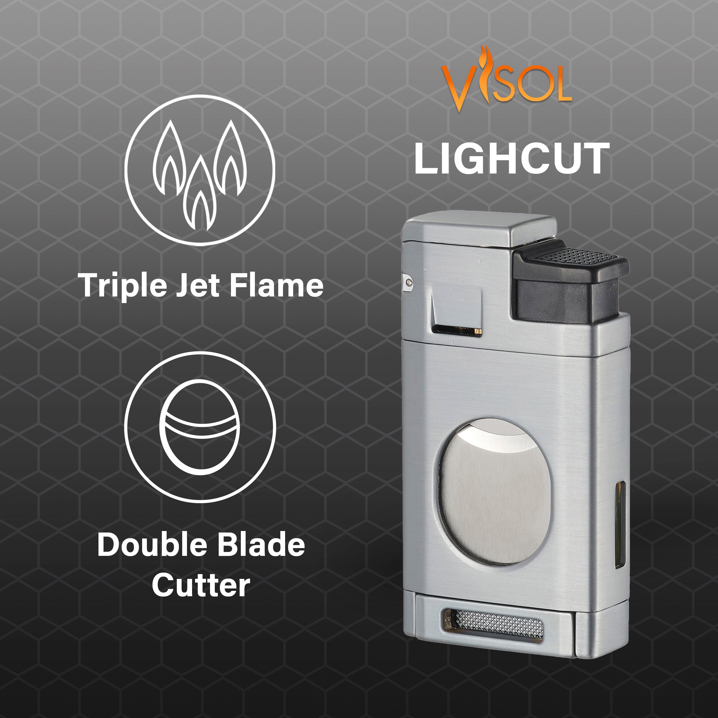 Visol LighCut Silver Triple Torch Flame Lighter & Cigar Cutter - Windproof Butane Lighter with Punch Cutter for Cigars, Cigarettes & Outdoor Use (Camping, BBQ, Hiking)
