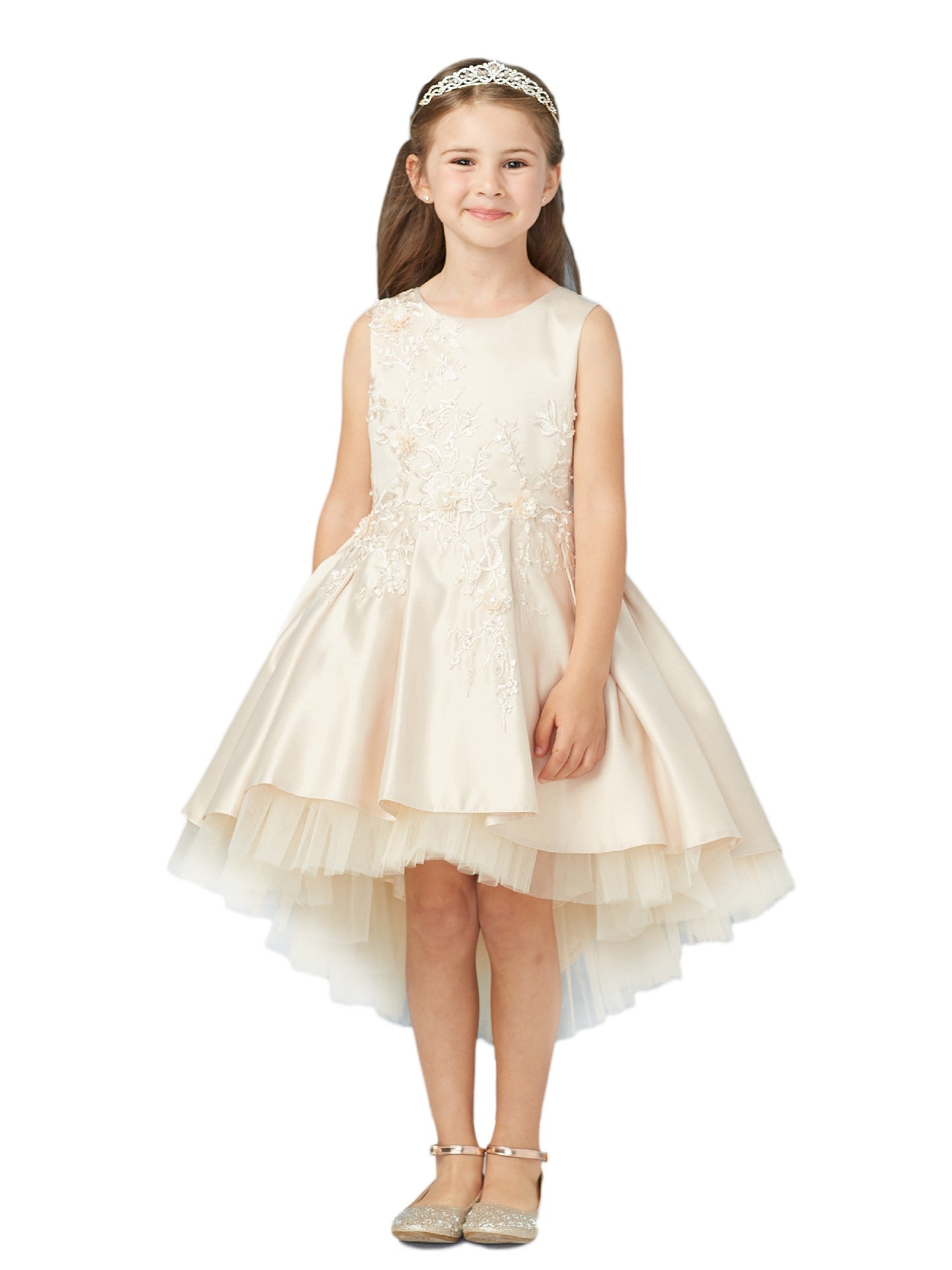 Champagne Pink Hi-Low Tulle Junior Bridesmaid Dress for Big Girls Size 8-16 | Flower Girl Dress for Weddings, Parties & Special Occasions