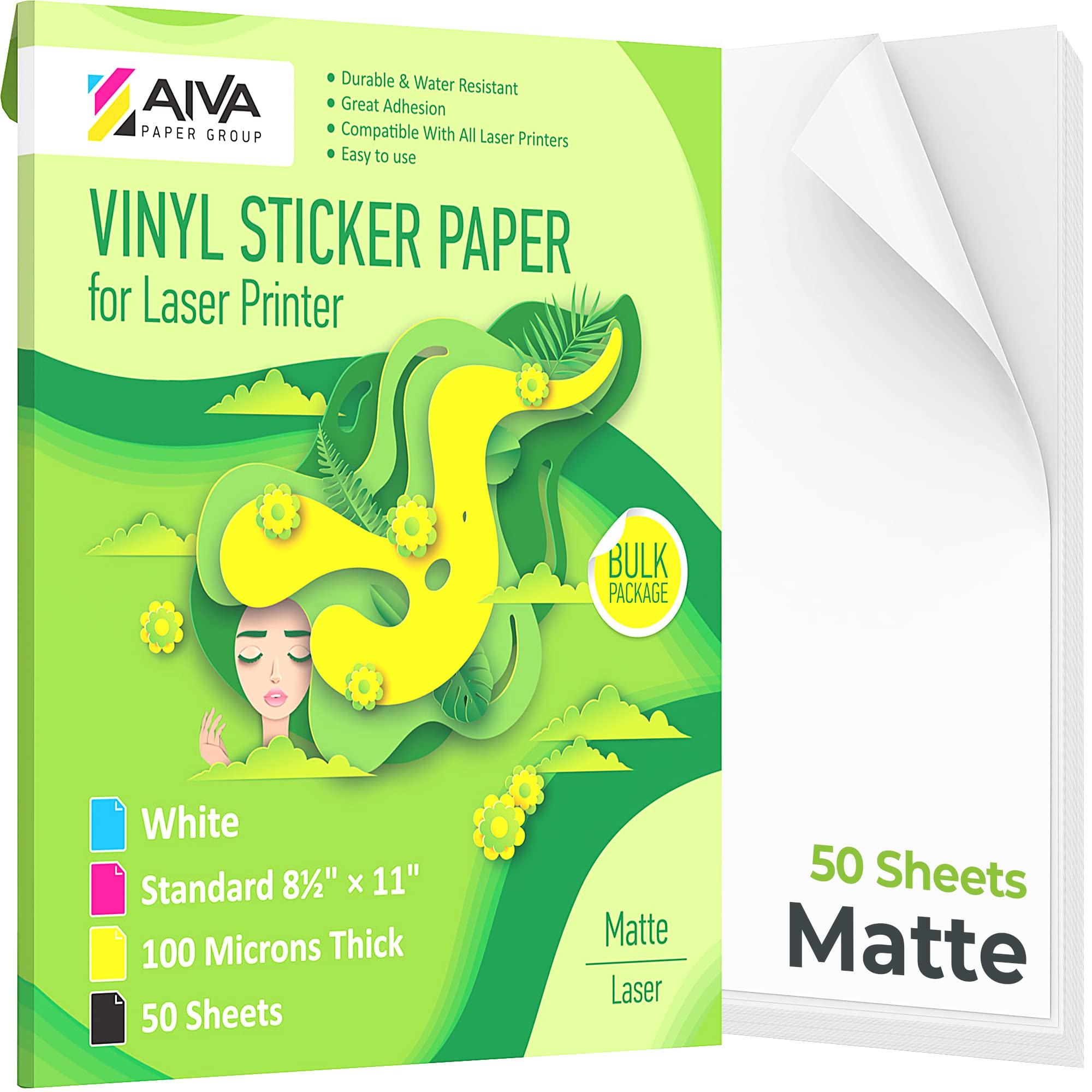 Waterproof Printable Vinyl Sticker Paper for Laser Printer - Matte White Self-Adhesive Sheets (50 Pack, 8.5