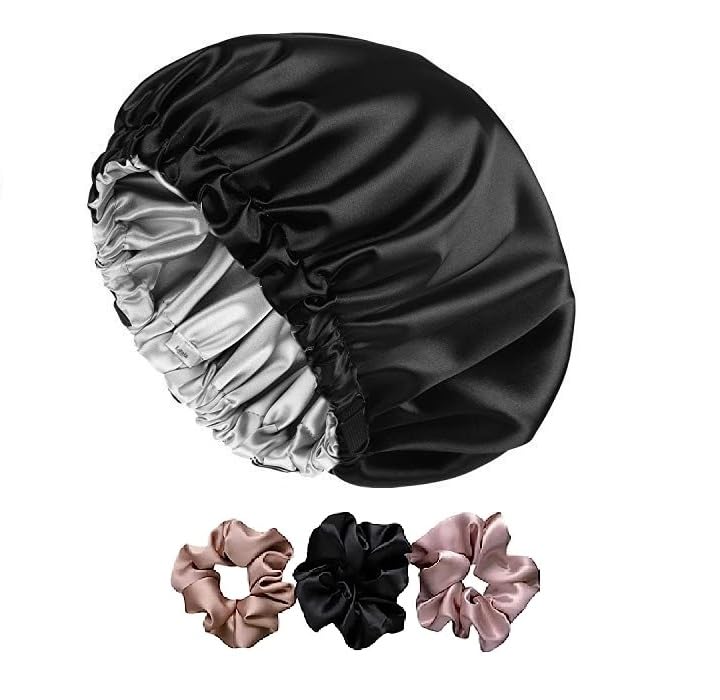 SIMMI Adjustable Silk Sleep Cap for Curly Hair with 3 Satin Scrunchies - Soft Bonnet for Nighttime Hair Protection & Styling (Black) | Perfect for Natural Hair, Braids, Wigs & Bedtime Hair Care