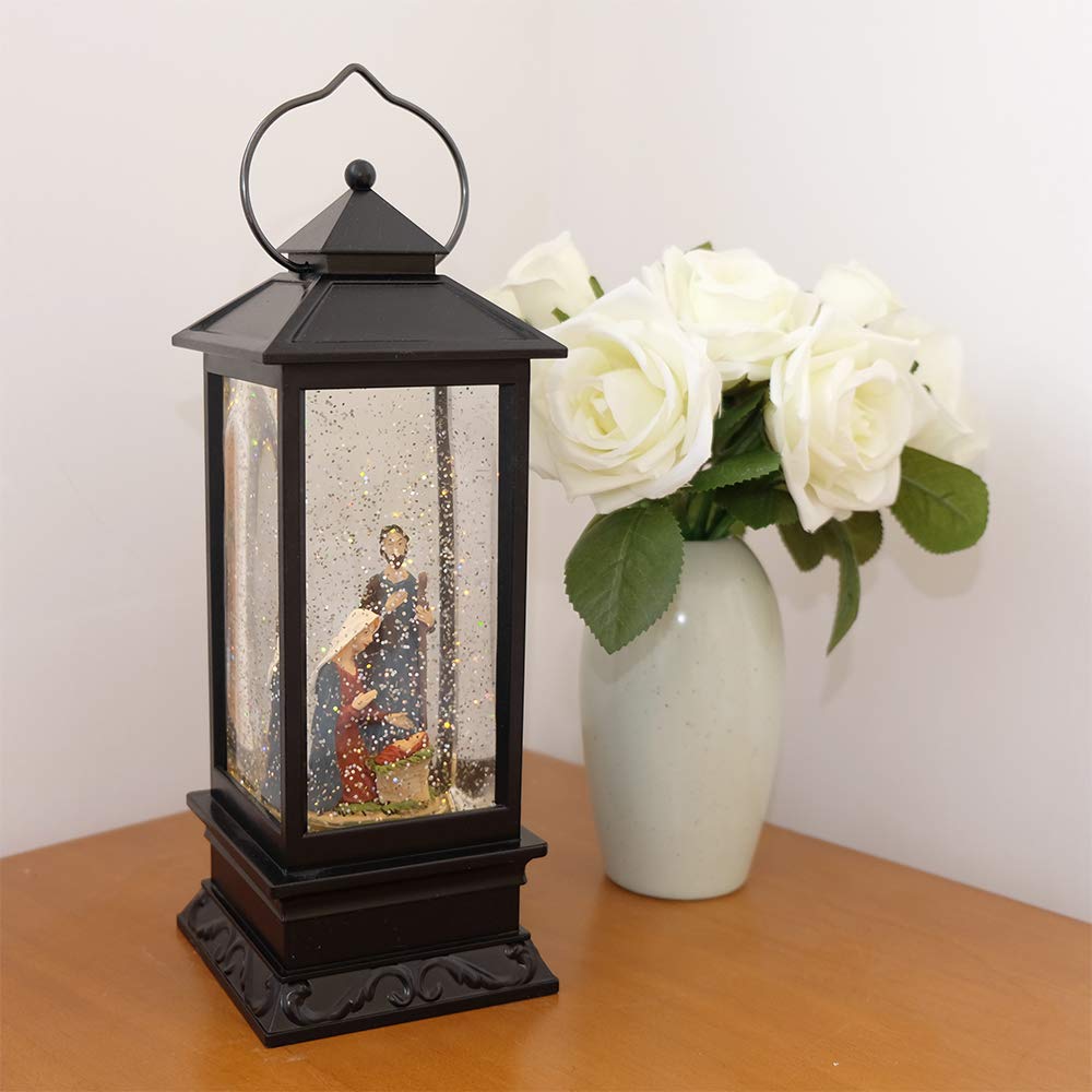 Nativity Musical Snow Globe Lantern - USB Powered LED Lighted Christmas Decoration with Swirling Glitter Water, 12