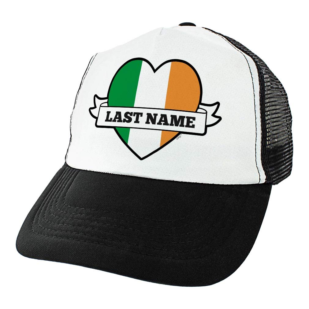 Custom St. Patrick's Day Trucker Hat with Irish Flag & Heart Banner - Personalized Irish Party Hat for Parades, Festivals & Pub Crawls