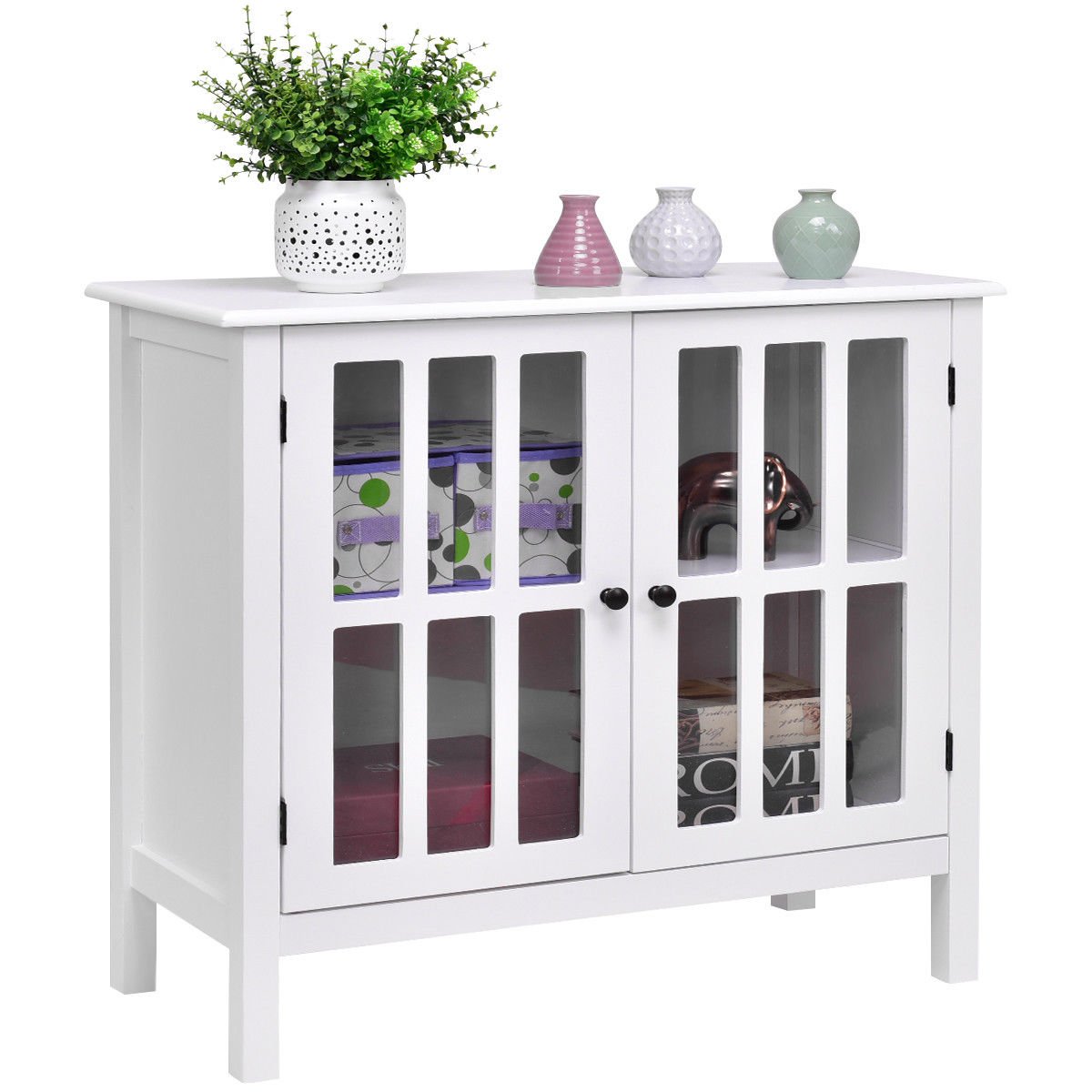 Tangkula White Sideboard Buffet Cabinet with 2 Glass Doors - Kitchen Dining Room Storage Cabinet, Liquor Curio Display, Cupboard Console Table for Home, Office & Restaurant Use