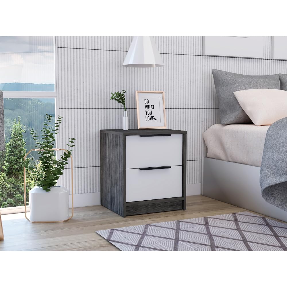 Tuhome Kaia Nightstand with Two Drawers and Metal Handles - Smokey Oak/White Finish for Bedroom Furniture and Home Decor
