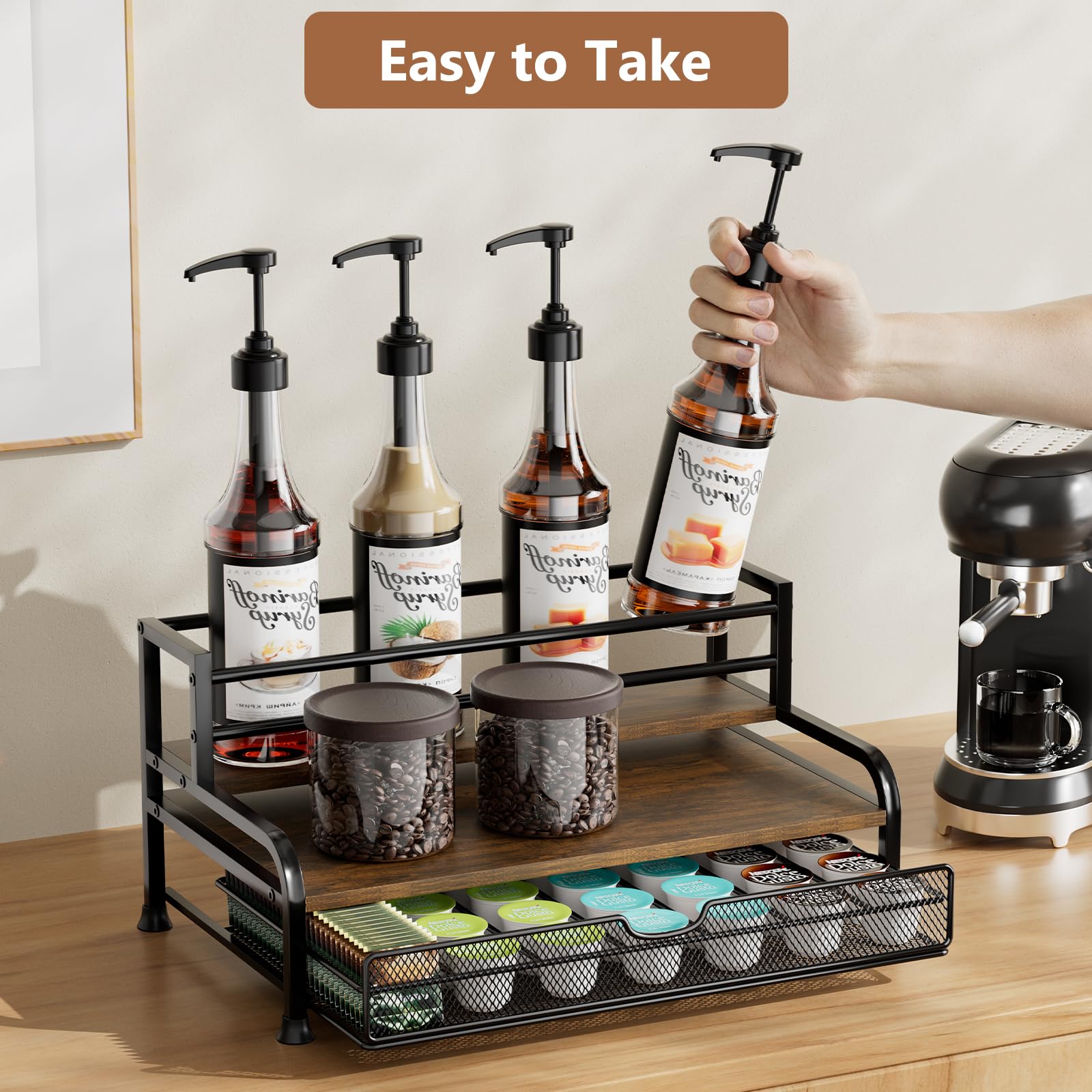 3-Tier Coffee Syrup Rack Organizer - Holds 8 Bottles & 35 K-Cups | Space-Saving Storage for Coffee Bars, Kitchens & Home Cafes | Perfect for Syrups, Wine Bottles, Salad Dressings & Coffee Pod Organization