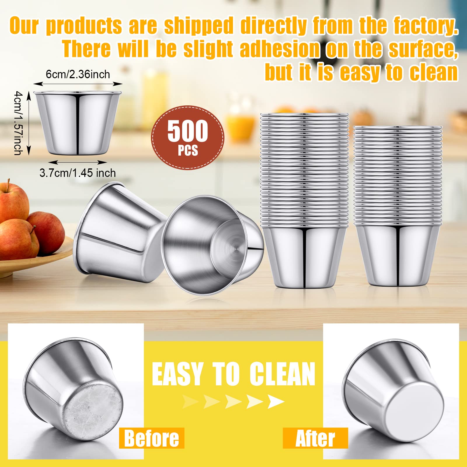 500 Pcs 2.5 oz Stainless Steel Sauce Cups - Metal Ramekins for Salsa, Dipping Sauces & Condiments | Bulk Round Small Bowls for Parties, Restaurants & Catering (BPA-Free, Durable & Reusable)