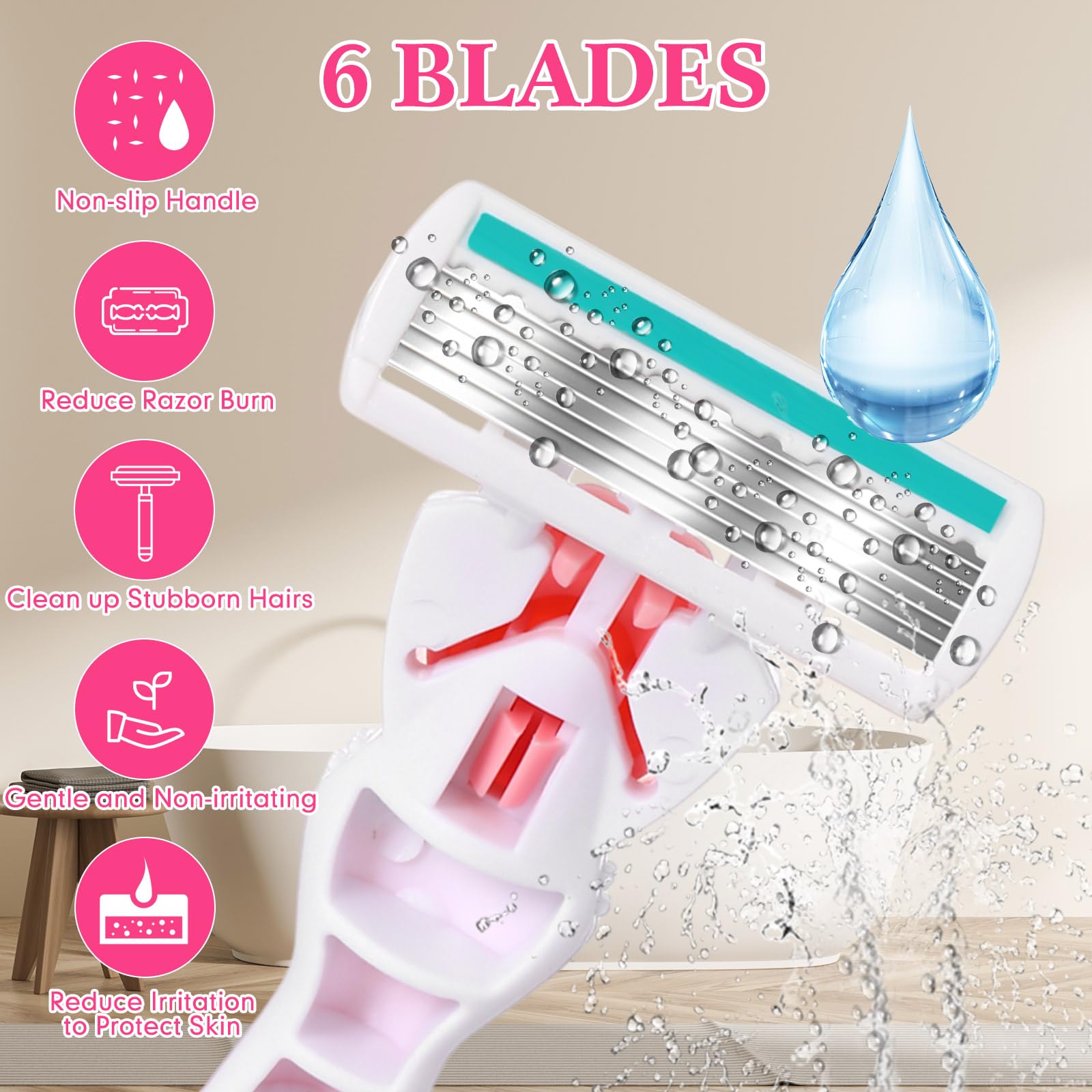 Lasnten 39 Pcs Women's Razors - 6 Blade Razor Set for Sensitive Skin with 3 Non-Slip Handles & 36 Refills | Smooth Shaving for Legs, Underarms & Bikini Line