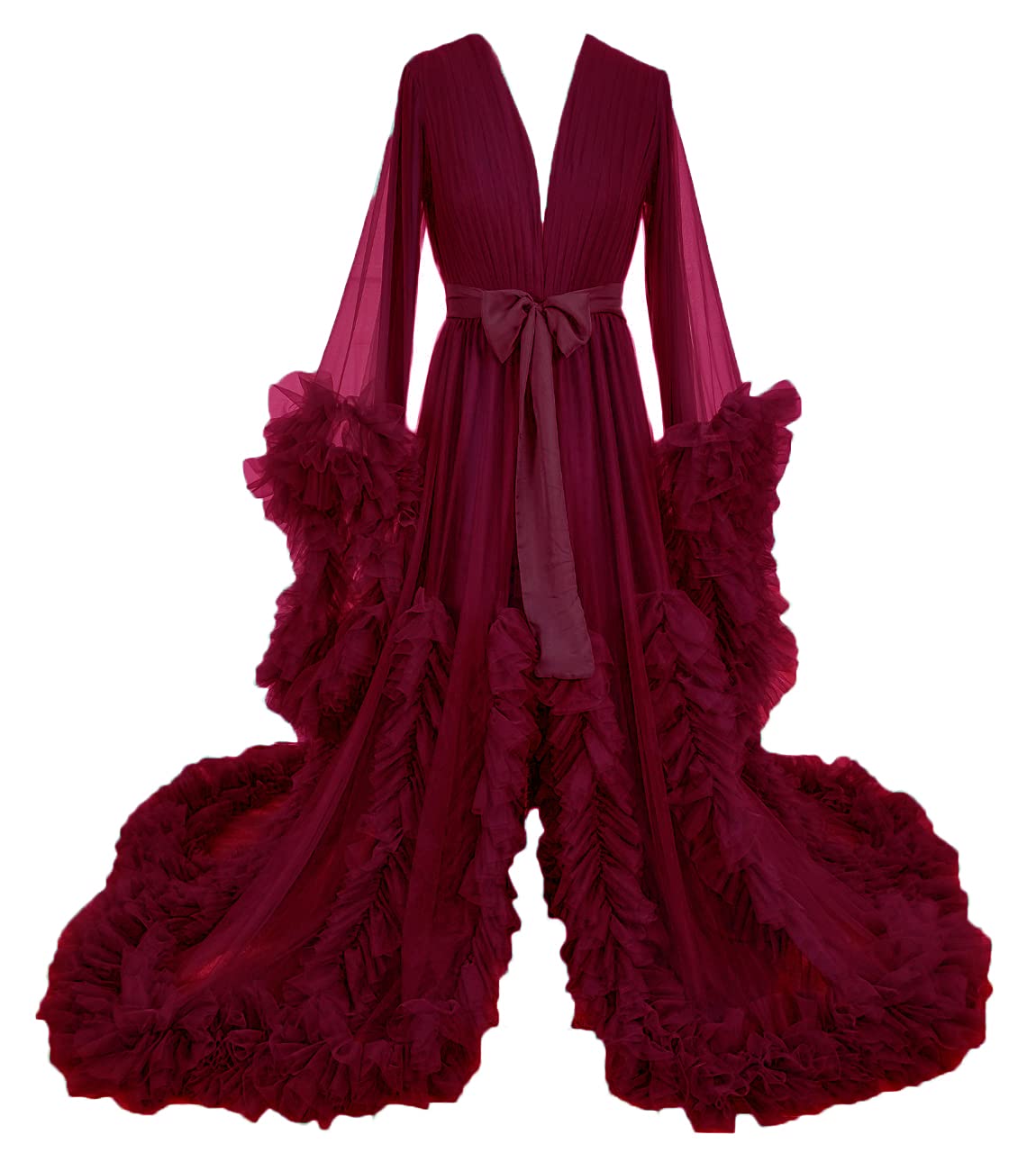 Elegant Long Wedding Scarf Illusion Nightgown with Feather Trim - Sheer Puffy Dress for Bridal Party, Boudoir Photography & Romantic Getaways
