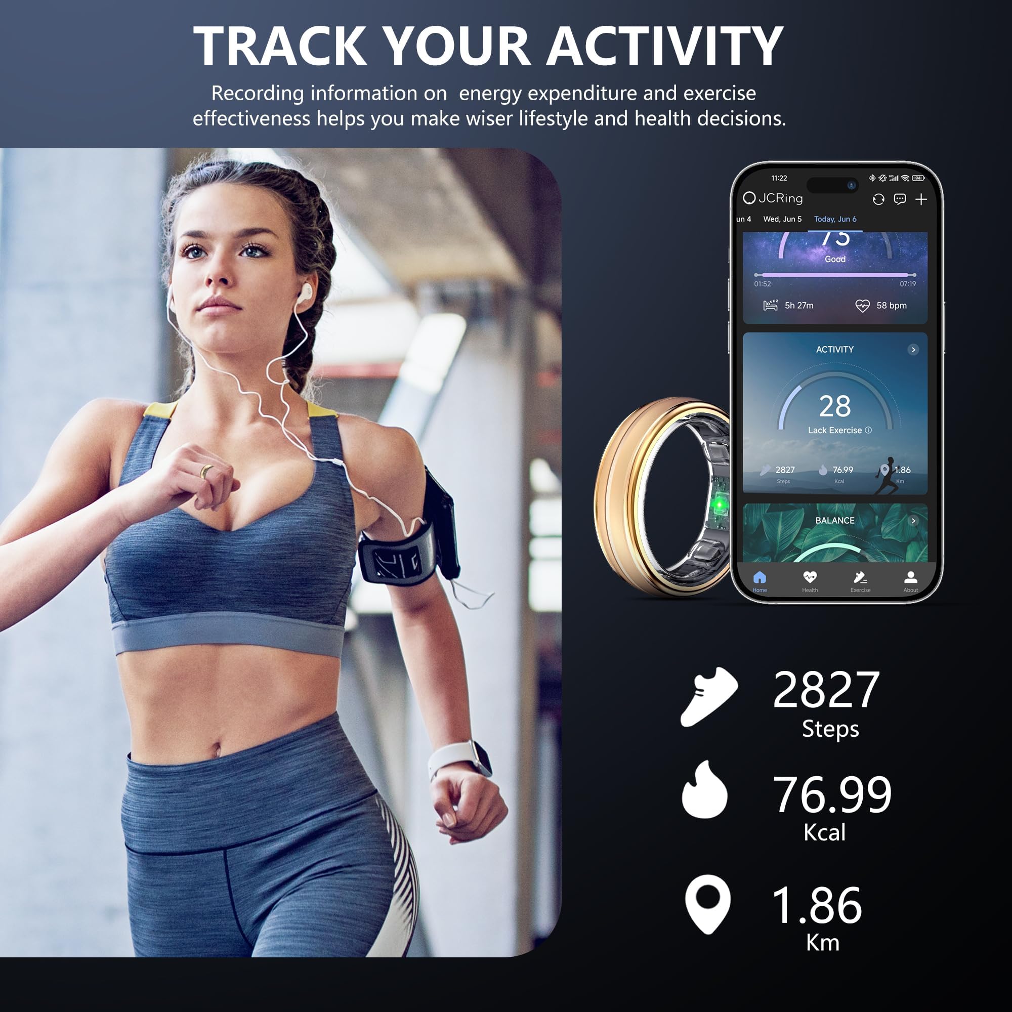 Smart Fitness Ring for Women & Men - Sleep & Step Tracker with Heart Rate Monitor | Waterproof Health Activity Tracker, iOS Android Compatible, No Subscription Needed (Gold, Size 8) - Perfect for Workouts, Sleep Monitoring & Daily Health Tracking