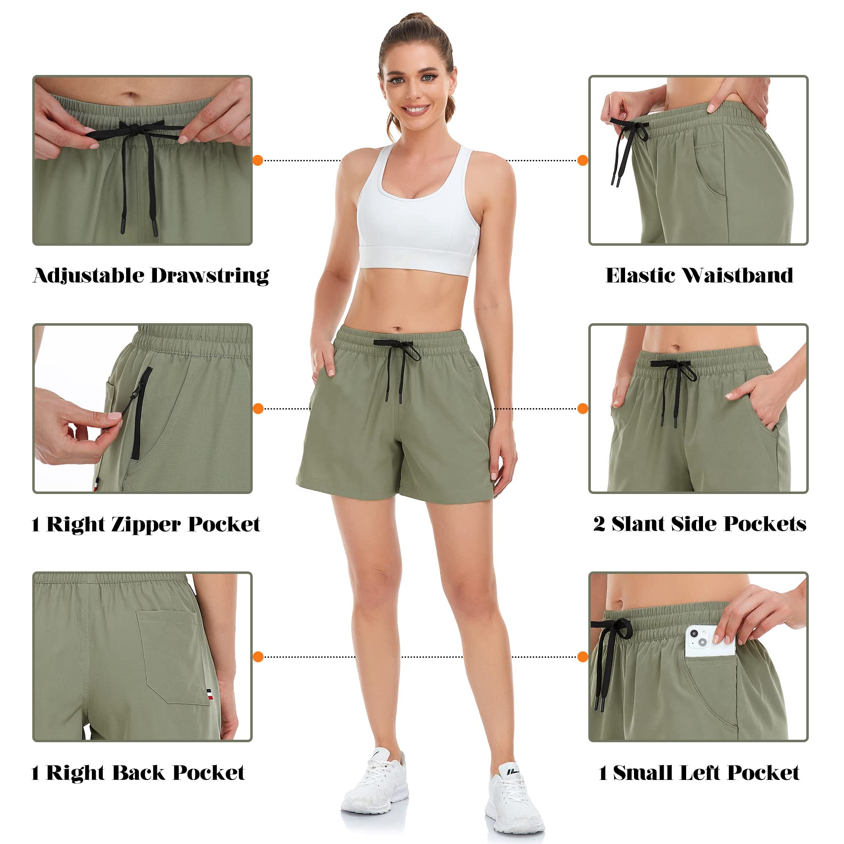 Davena Women's 5'' Workout Shorts with 5 Pockets - Elastic Waist Quick Dry Athletic Shorts for Running, Hiking, Gym & Casual Wear - Sage Green, XL - Perfect for Outdoor Activities & Fitness Training