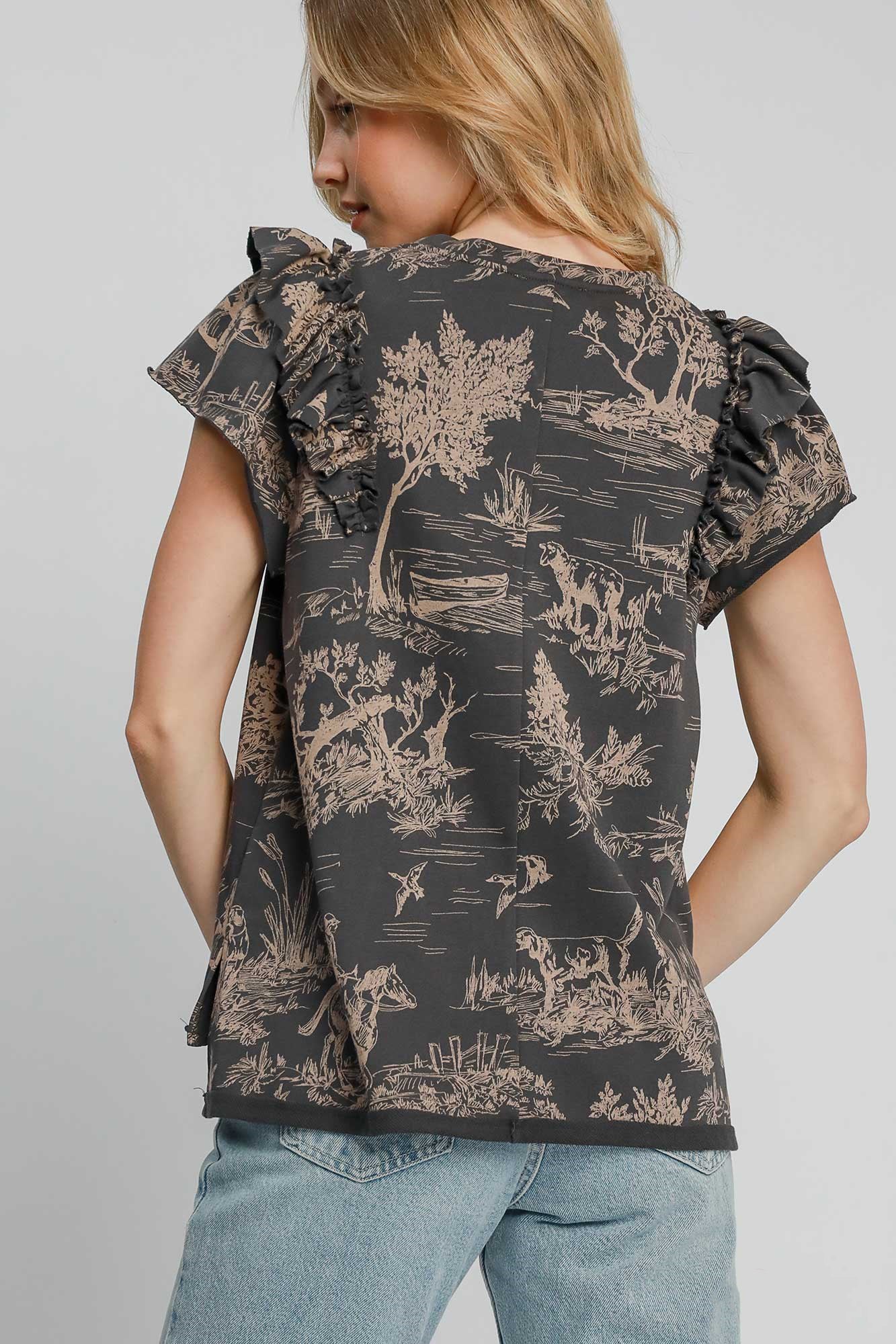 Stylish Ruffled Landscape Print Short Sleeve French Terry Top for Women | Casual Spring & Summer T-Shirt | Perfect for Beach Outings, Picnics, and Weekend Wear