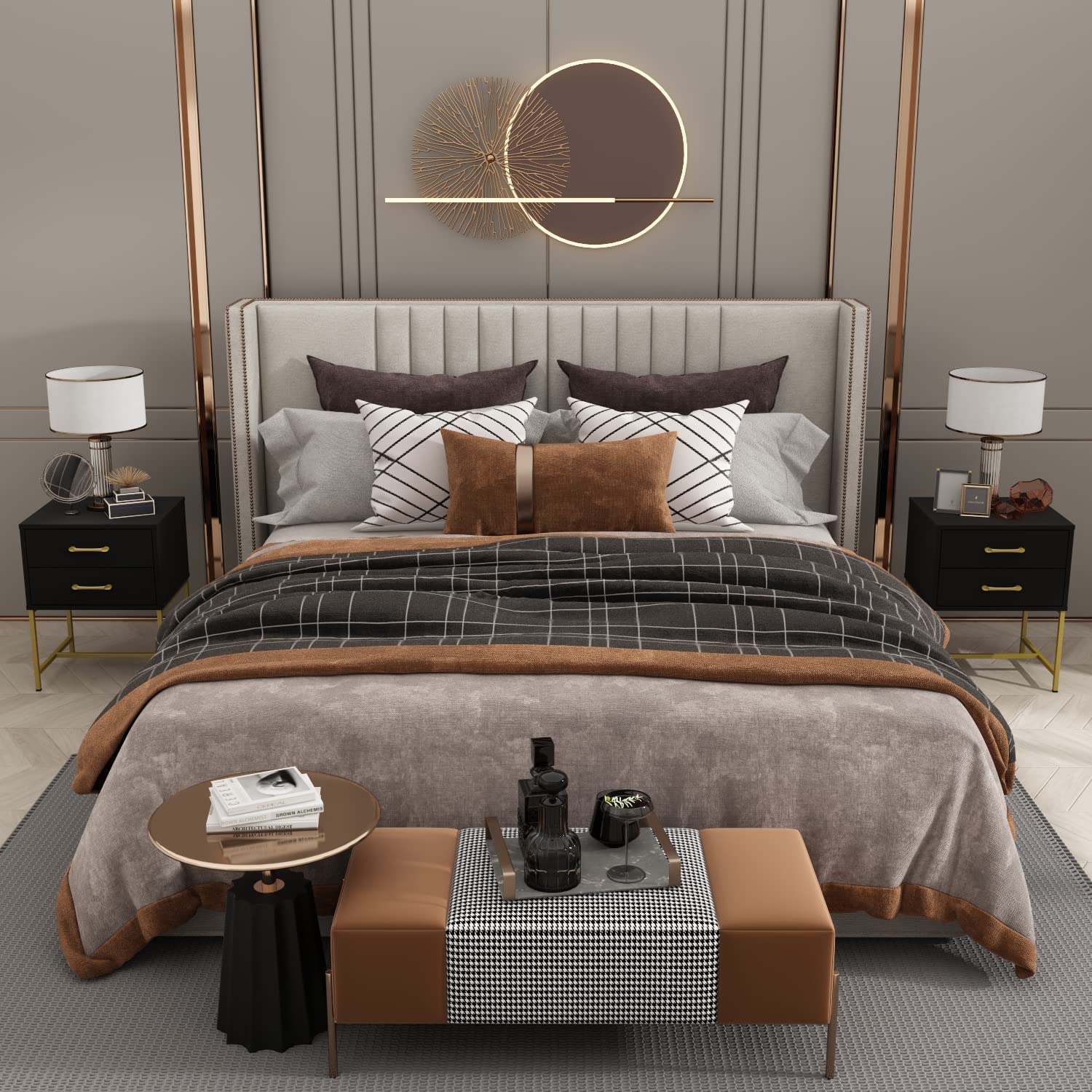 AIEGLE 2-Piece Black Nightstand Set with 2 Drawers - Wooden End Tables with Gold Metal Legs for Bedroom & Living Room (17.7