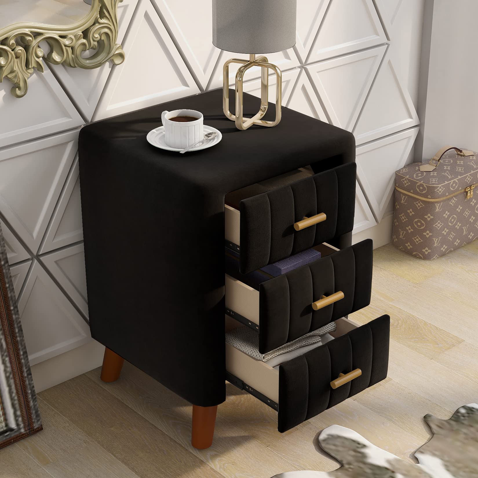 3-Drawer Wooden Nightstand Bedside Table - Black Upholstered End Table for Bedroom & Living Room | Perfect for Small Spaces, Apartment Furniture & Home Decor Storage Solution