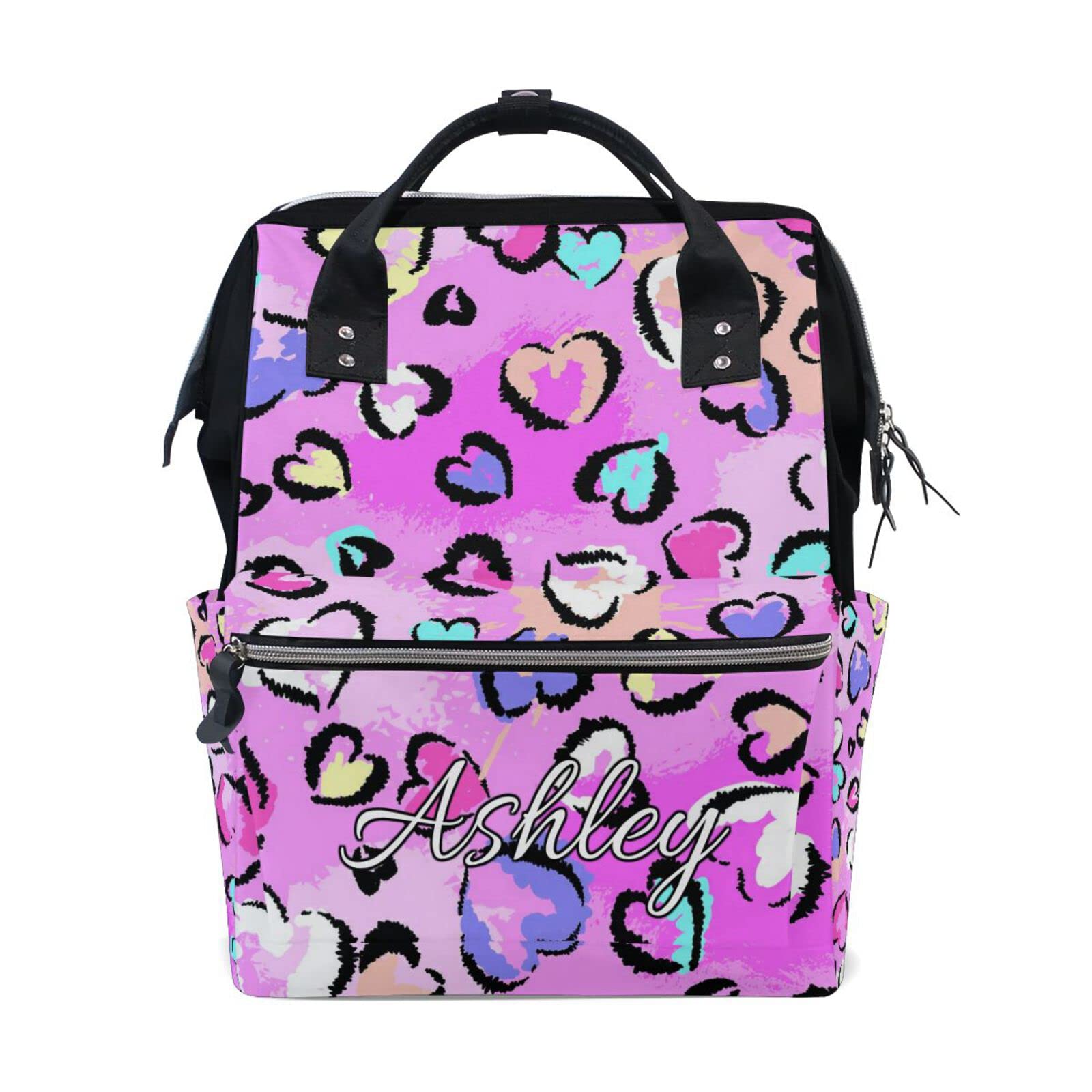 Personalized Leopard Hearts Diaper Backpack - Custom Name Mommy & Baby Changing Bag for Nursing, Travel & Daily Use