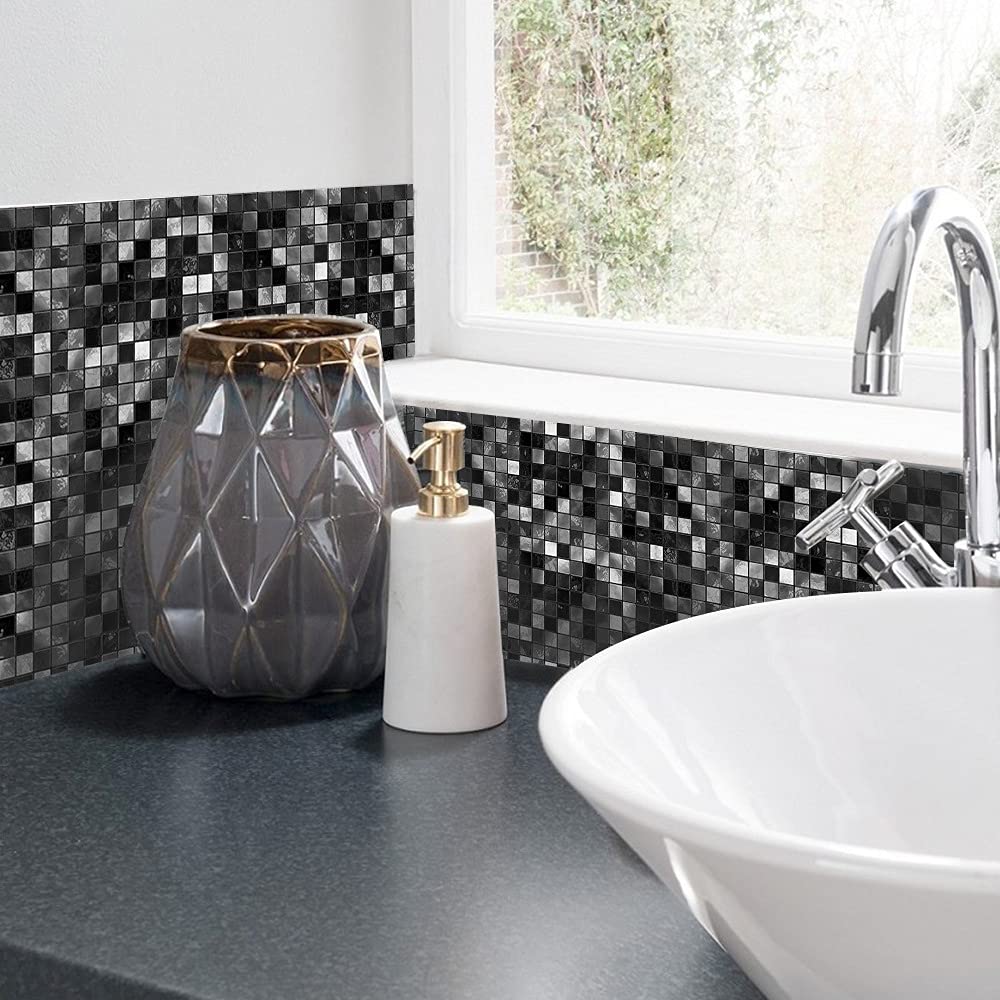 25-Piece Black Mosaic Tile Stickers - 15cm Waterproof Peel & Stick Wall Decals for Bathroom, Kitchen & Bedroom - DIY Home Decor & Rental Apartment Upgrade - Perfect for Backsplash, Shower Walls, Furniture Makeover & Home Renovation Projects - Easy to Install & Remove - Ideal for Modern Home Decor, Accent Walls, and Quick Room Transformations
