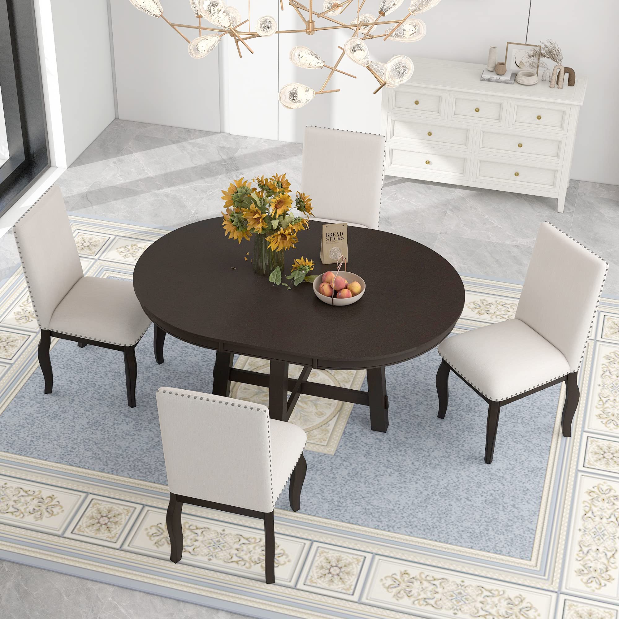 Quarte 5-Piece Farmhouse Dining Table Set - Extendable Round Wood Table with 4 Upholstered Chairs in Espresso, Perfect for Small Spaces, Family Gatherings & Cozy Meals