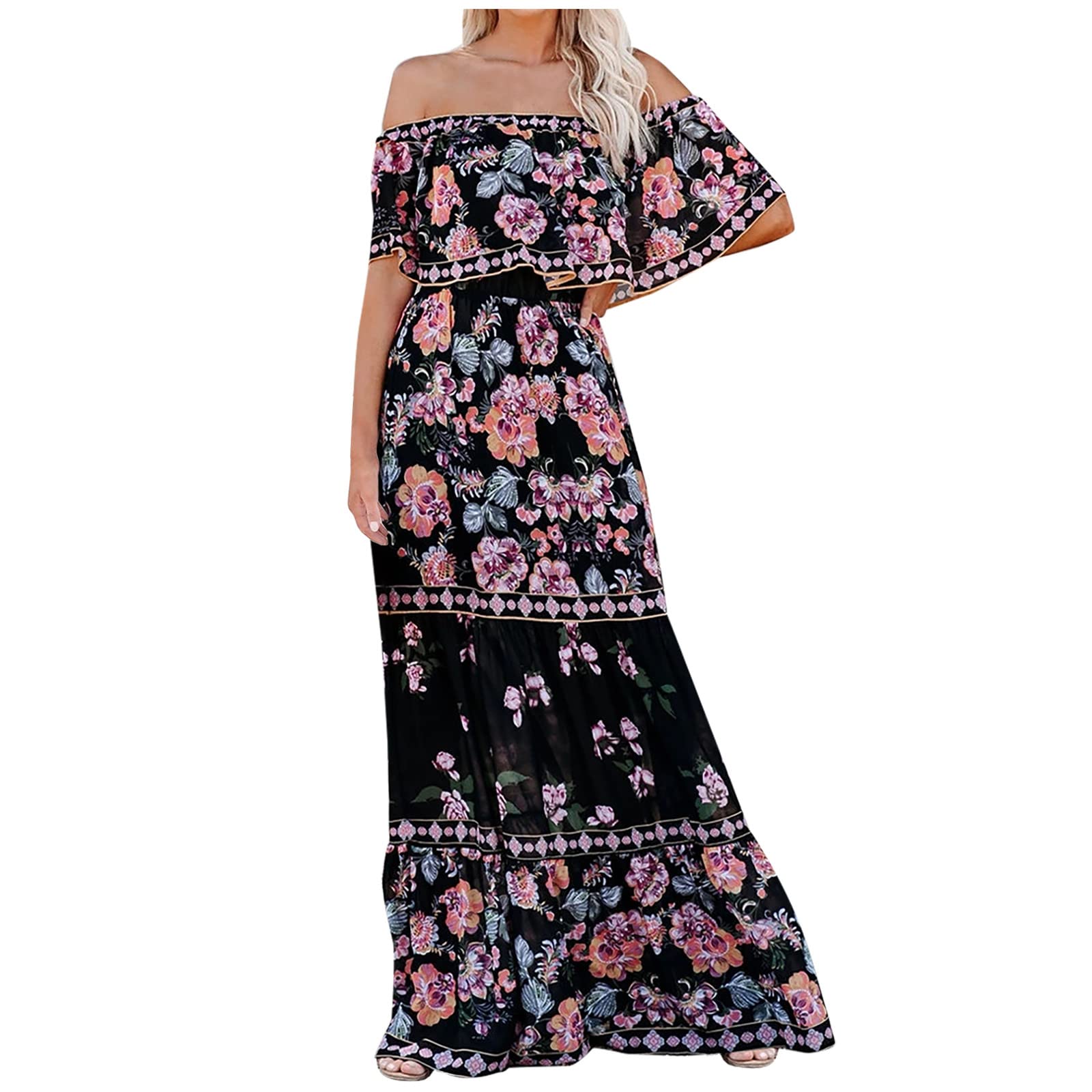 Elegant Floral Off-Shoulder Maxi Dress for Women - Summer Wedding Guest Dress, Casual Boho Party & Cocktail Sun Dress - Perfect for Beach Weddings, Garden Parties & Date Nights