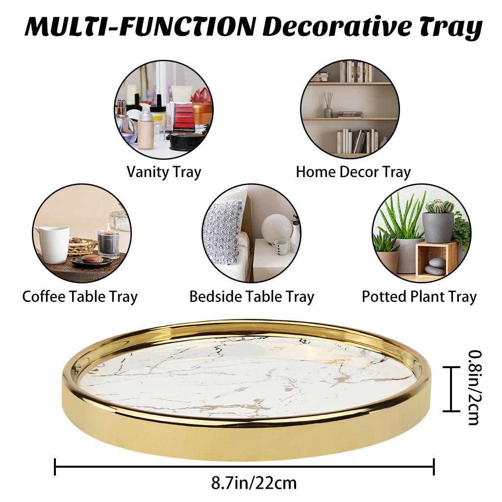 Luxury Round Marble Decorative Tray - Multi-Purpose Vanity Organizer for Jewelry, Perfume & Home Decor | Elegant Coffee Table Accent Tray for Bathroom, Bedroom & Living Room Storage