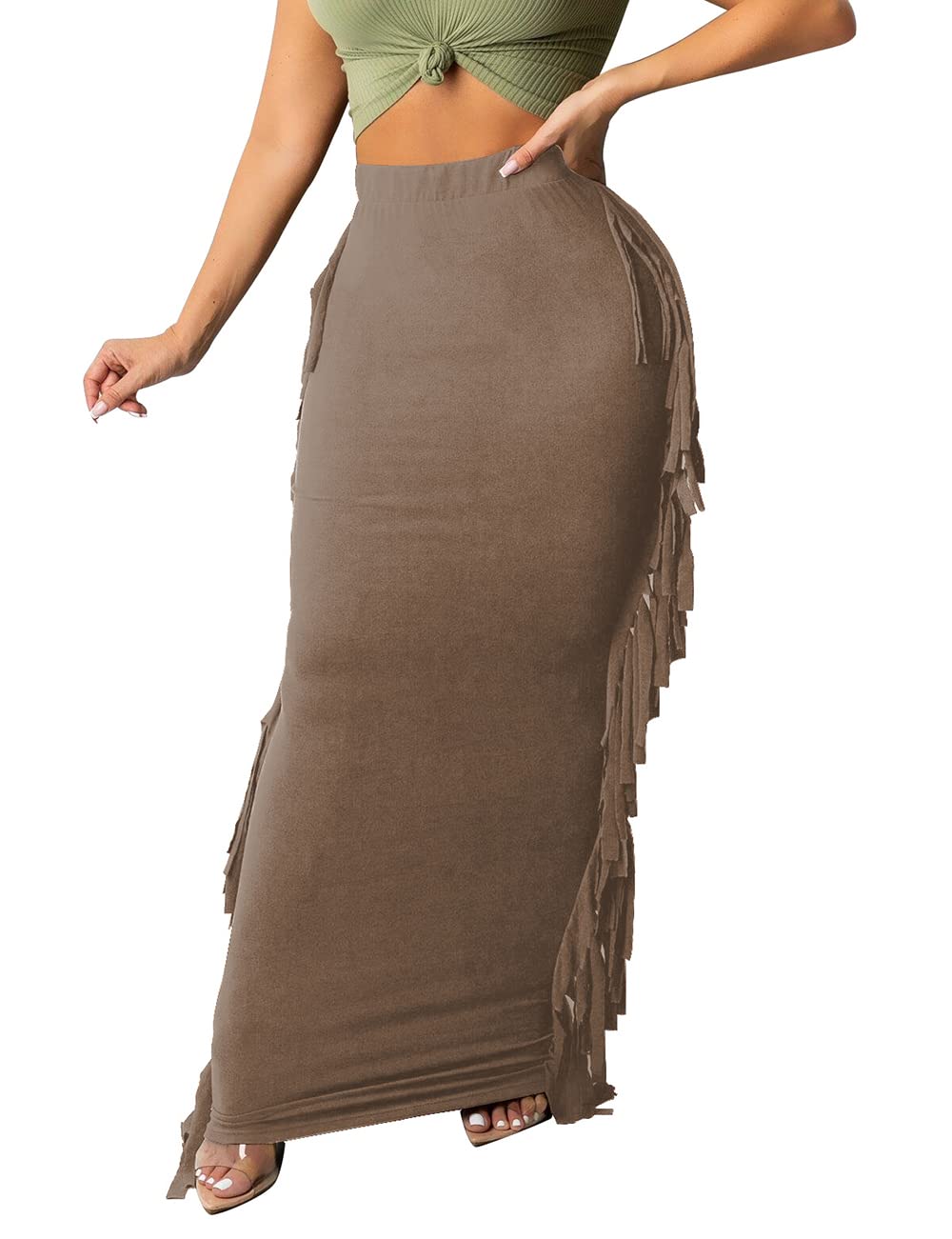 Lrady Women's Stretchy High Waist Slim Fit Bodycon Long Pencil Skirt with Side Tassels - Perfect for Office, Party & Evening Wear