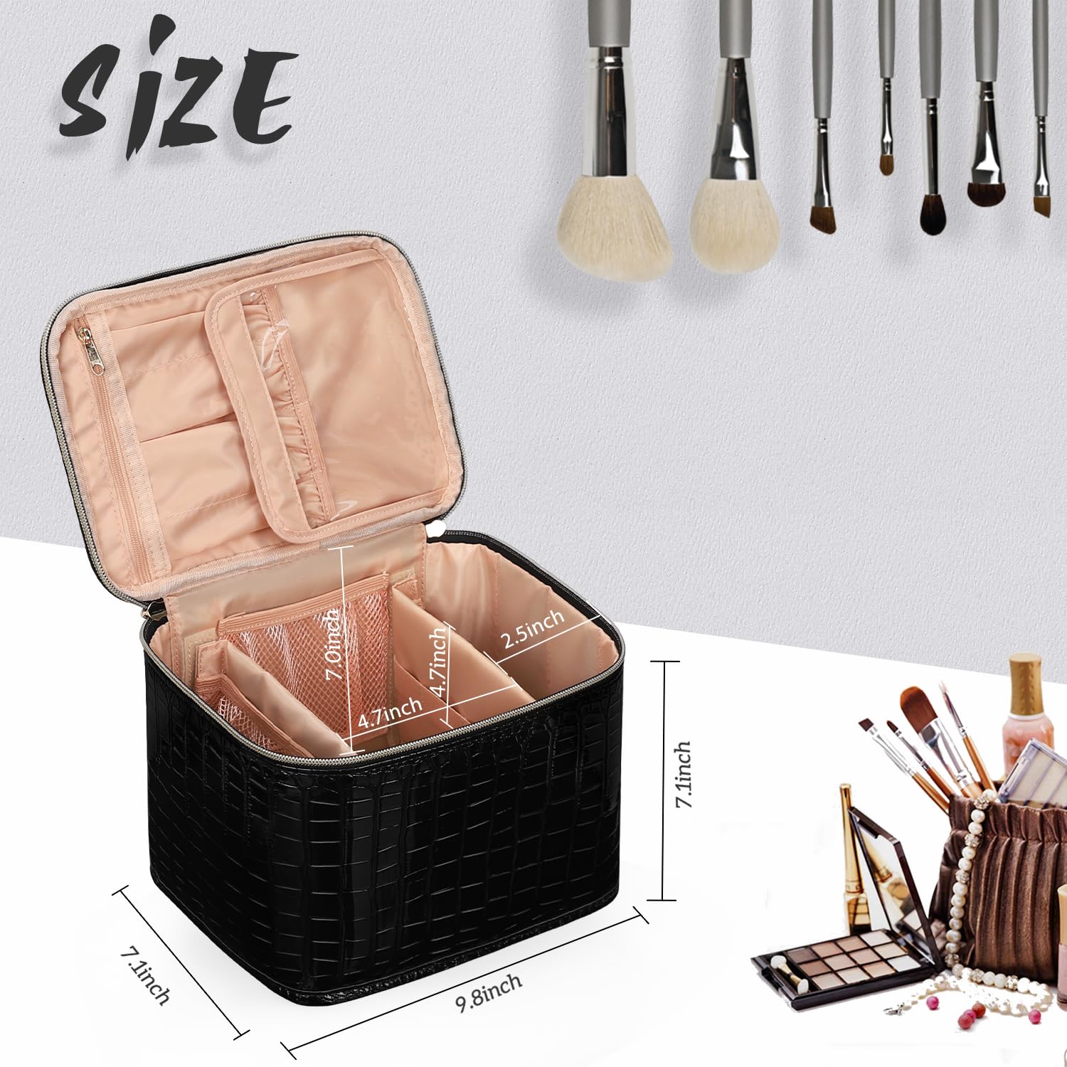 OCHEAL Large Travel Makeup Bag for Women - Waterproof Cosmetic Organizer with Dividers & Handle, Perfect for Toiletries, Brushes & Beauty Tools (Black) - Ideal for Vacation, Gym & Daily Use