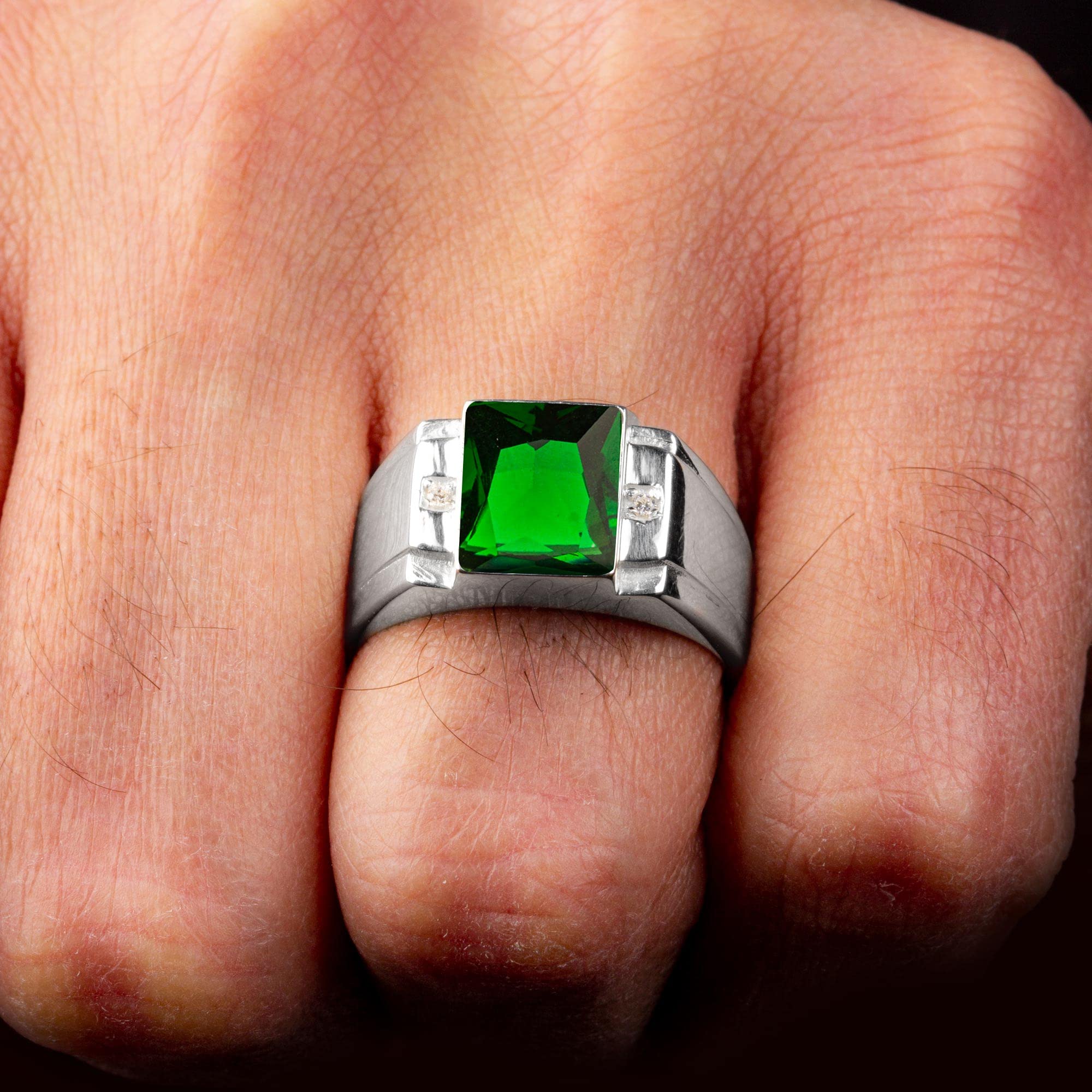Blake's Sterling Silver Men's Ring with 2 Diamonds & Baguette Sapphire/Emerald/Ruby/Citrine/Amethyst/Topaz Options - Size 5-15 - Fine Jewelry Gift for Him - Perfect for Weddings, Anniversaries & Special Occasions