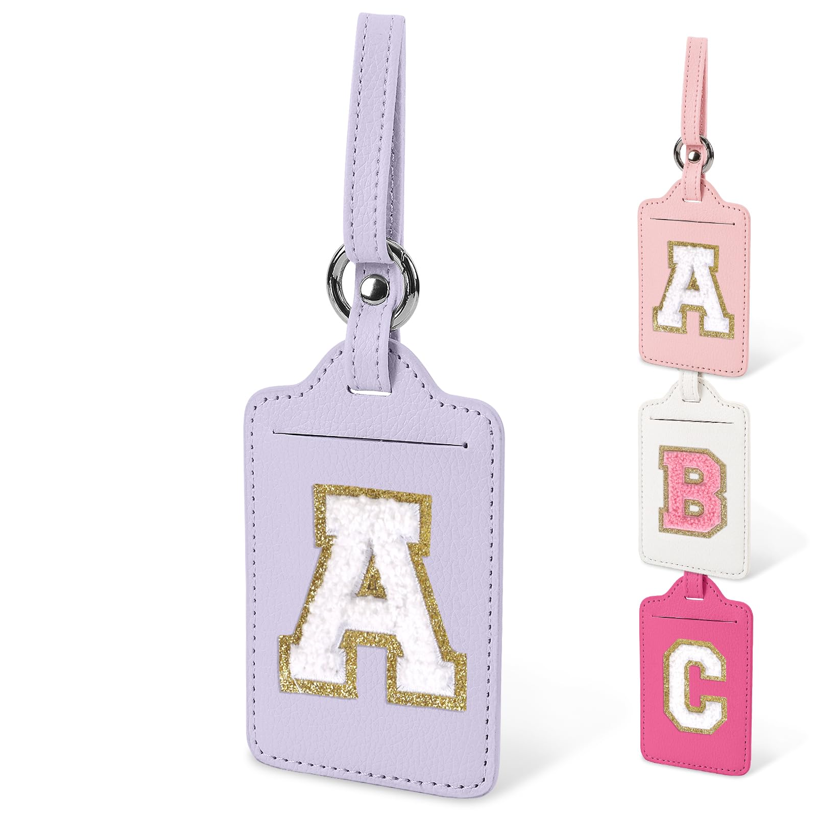 Personalized Initial Luggage Tags for Suitcases - Cute PU Leather Travel Baggage ID Tags with Letters for Men, Women & Kids - Perfect for Airports, Cruise Ships & Business Trips (Purple-White A)