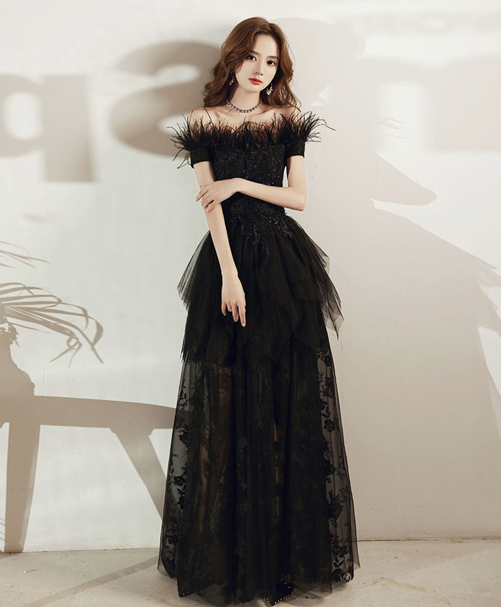 Elegant Black Tulle Lace Long Prom Dress - Formal Evening Gown with Lace Details for Homecoming, Wedding, and Special Occasions