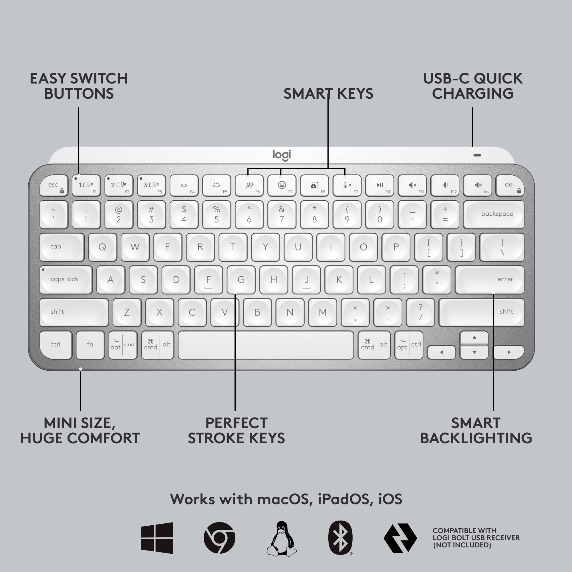 Logitech MX Keys Mini Wireless Keyboard & Lift Vertical Ergonomic Mouse Combo - Bluetooth/USB, Backlit Keys, Quiet Typing for Windows, Mac, iPad - Pale Grey | Perfect for Office, Home & Travel Use