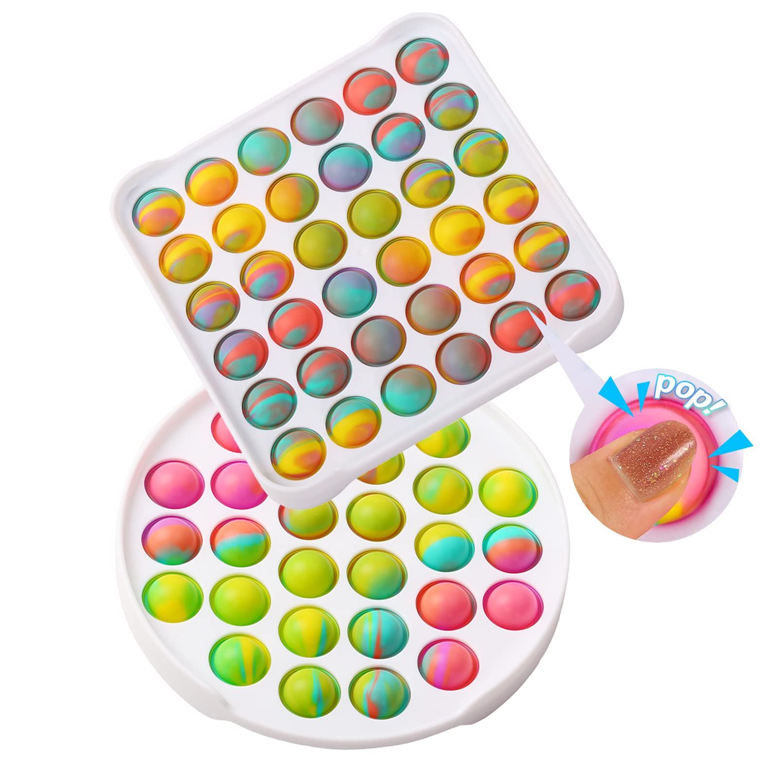 YMHOPHOP Pop Fidget Toys - 2 Pack Tie Dye Bubble Sensory Toys for Stress Relief, Autism & Anxiety - Round & Square Silicone Squeeze Toys for Kids & Adults - Perfect for Classroom, Office & Home Relaxation