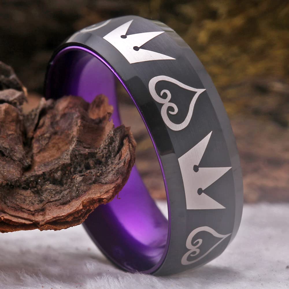 Kingdom Hearts & Crowns Design Cosplay Ring - 8mm Matte Red & Black Tungsten Wedding Band with Beveled Edges - Free Custom Engraving - Perfect for Cosplay, Costume Parties & Gothic Weddings