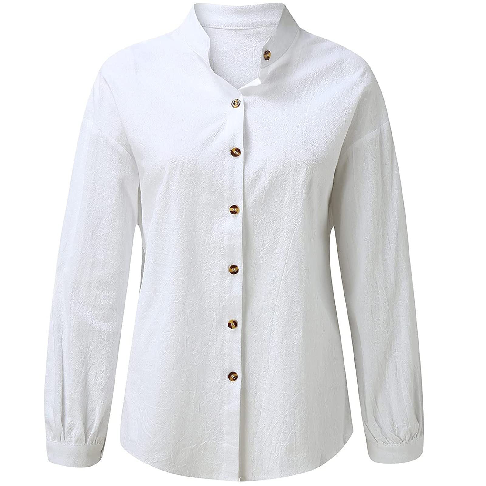 SHOPESSA Women's Linen Button Down Shirt - Comfortable Loose Fit Mock Neck Blouse for Business Casual Wear | Breathable Solid Color Top for Office, Travel & Everyday Outfits