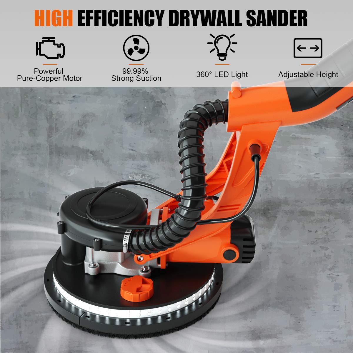 IRONMAX Electric Drywall Sander - 6-Speed Foldable Wall Sander with Vacuum Dust Collector, LED Light & Extendable Handle - Includes Dust Bag, Hose & 12 Sanding Discs - Perfect for Drywall Repair, Home Renovation & DIY Projects