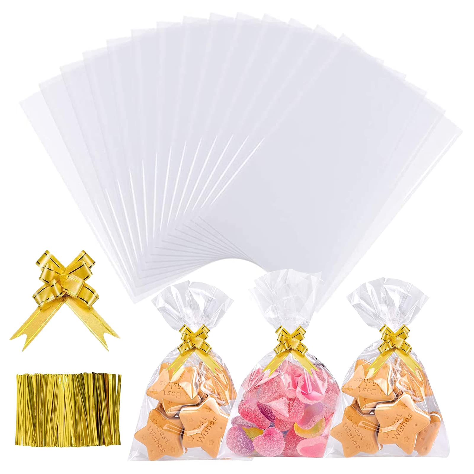 100-Pack 5x9 Inch Clear Cellophane Gift Bags with Ties & Bows - Perfect for Candy, Cookies, Popcorn & Party Favors | Great for Birthday Parties, Wedding Favors, Bakery Treats & Holiday Gift Wrapping