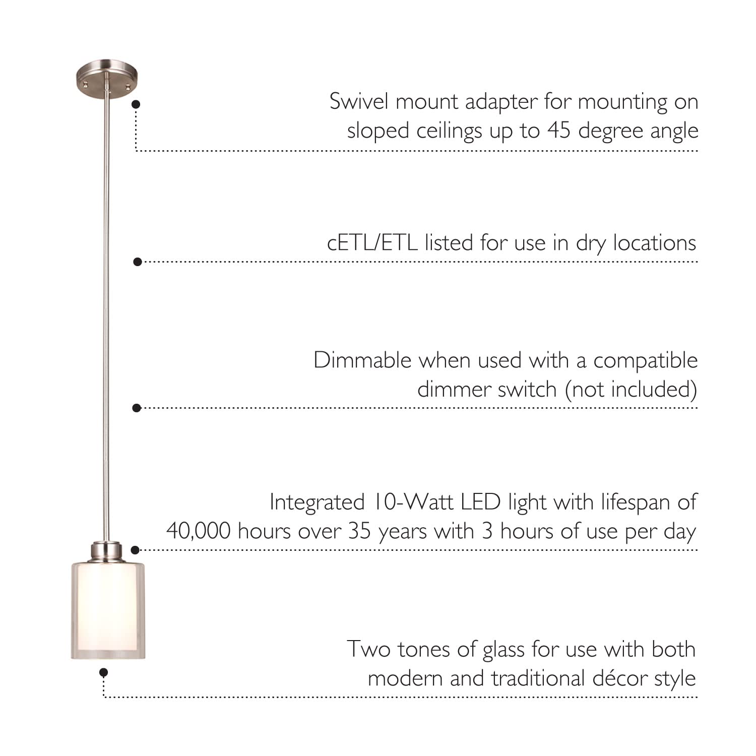 Design House Oslo Traditional 1-Light LED Dimmable Mini Pendant Light with Double Glass Shade - Satin Nickel Finish for Bathroom, Kitchen Island, Bar & Dining Room Lighting