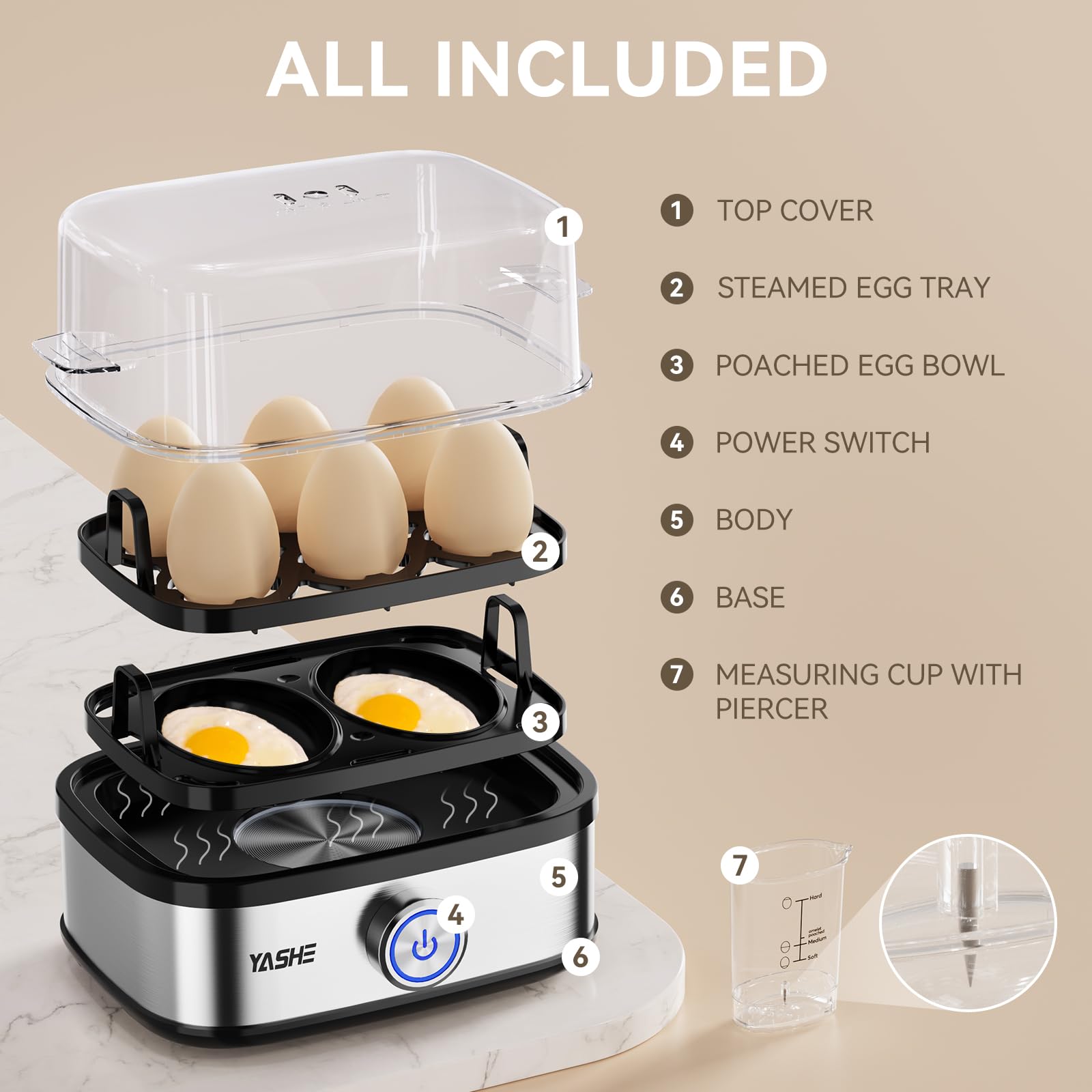 YASHE Rapid Egg Boiler - 400W Compact Electric Egg Cooker for Soft/Medium/Hard Boiled Eggs, Poached Eggs & Omelets | 6-Egg Capacity, Easy Peel, Stainless Steel Steamer with Buzzer & Indicator Light | Perfect for Breakfast, Meal Prep & Healthy Cooking