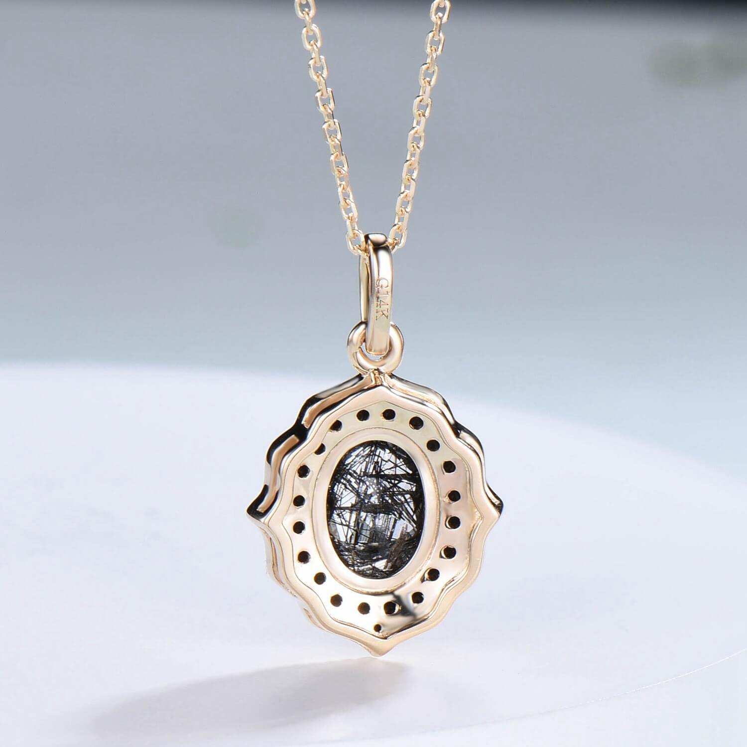 1CT Oval Natural Black Rutilated Quartz Pendant Necklace - Solid 14K/18K Rose Gold Vintage Jewelry - Unique Personalized Black Spinel Pendant for Women - Perfect for Date Nights, Anniversaries & Special Occasions