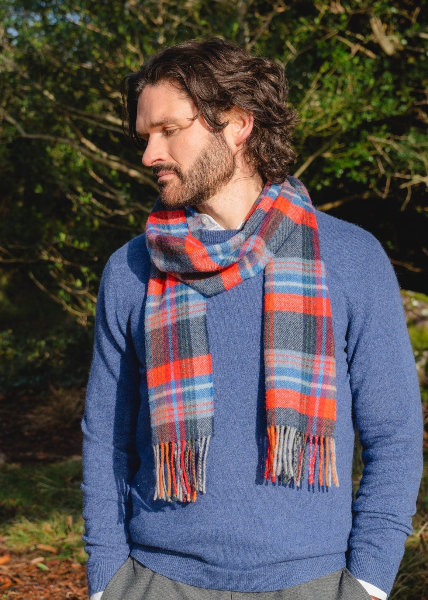 John Hanly Lambswool Scarf - Navy, Red, Blue & Wine Plaid Check Pattern - Warm Winter Accessory for Men & Women | Perfect for Outdoor Activities, Travel & Cold Weather Fashion