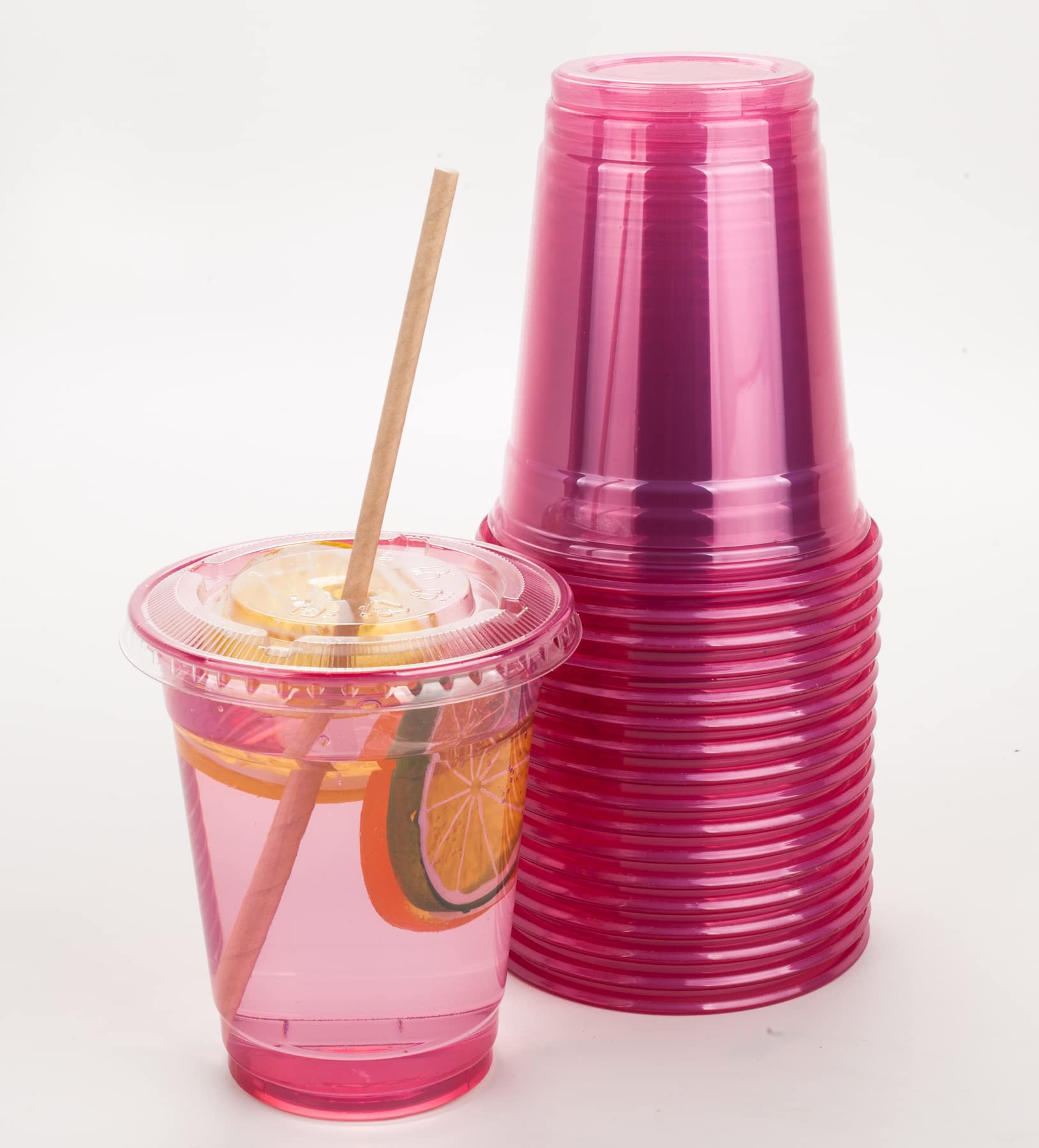 Golden Apple 12oz Plastic Cups with Lids - 50 Sets (50 Cups + 50 Lids) BPA Free, Pink & Red Colors - Perfect for Parties, Picnics, and Office Events