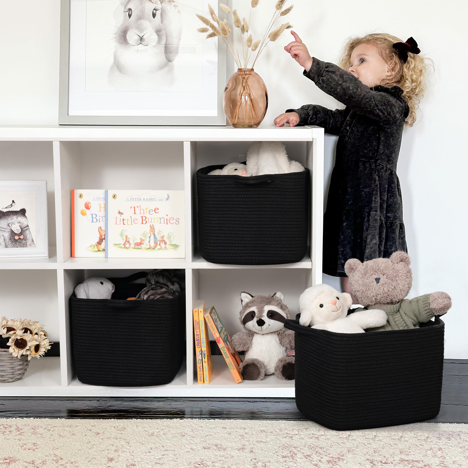INDRESSME Square Storage Basket for Shelves - Cotton Rope Woven Organizer for Books, Toys, Towels - 13 x 9.8 x 8.9 Inches - Black - Perfect for Home, Office, Nursery & Bathroom Organization