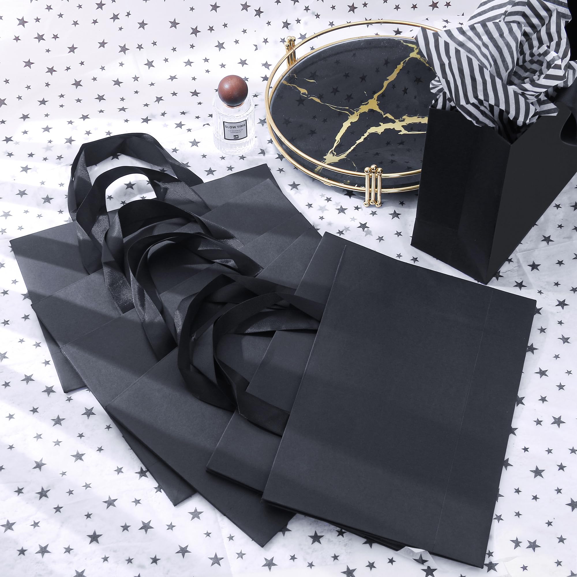10 Large Black Gift Bags with Handles & Tissue Paper - 12.6