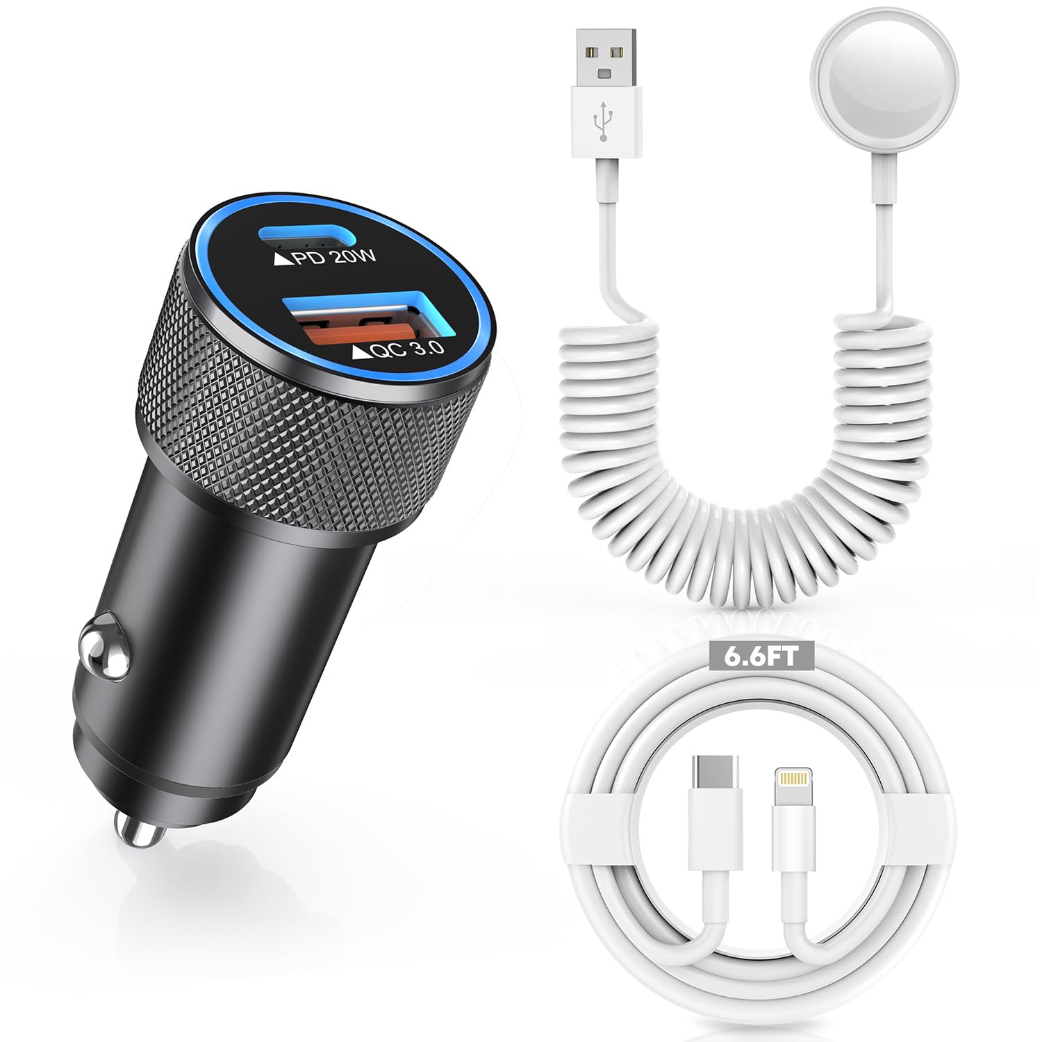 38W Fast USB C Car Charger with PD & QC3.0 - Dual Port Car Adapter for iPhone 14/13 & Apple Watch Series 10/9/8 - Includes 6ft USB-C to Lightning Cable & iWatch Charging Cord - Perfect for Road Trips & Commuting
