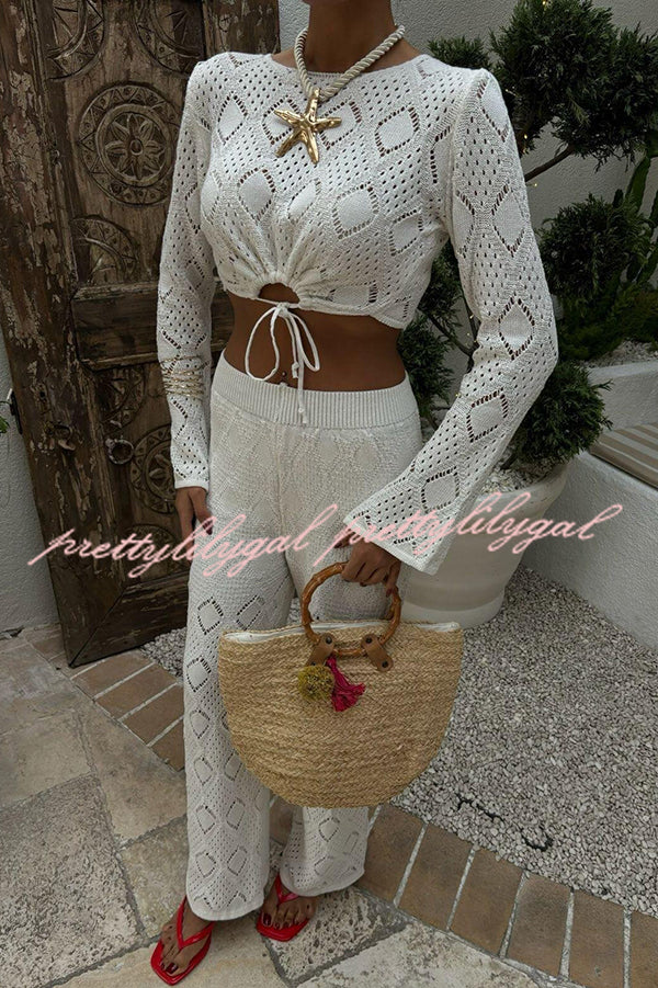 Women's Solid Color Hollow Knit Top & Stretchy Wide Leg Pants Casual Outfit Set - Perfect for Work, Travel and Everyday Wear
