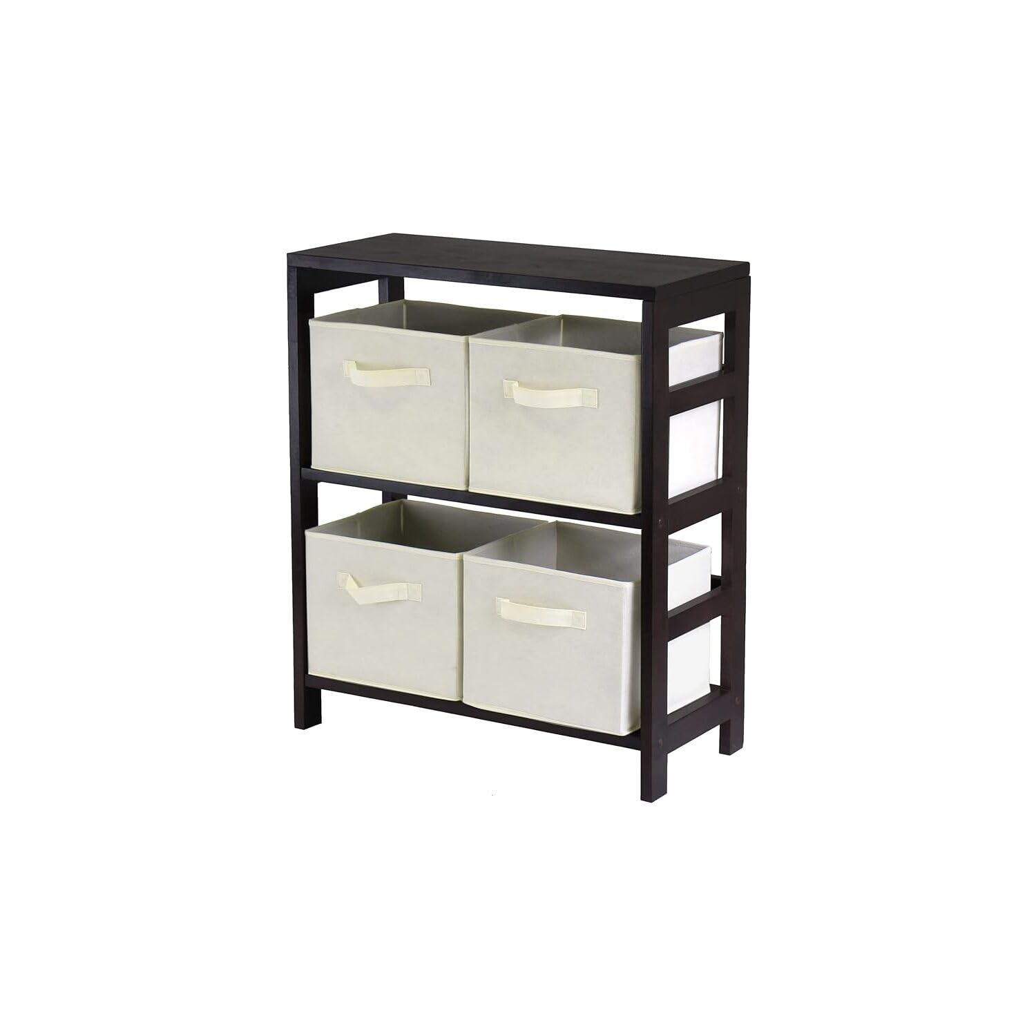 Winsome Wood Capri 2-Section M Storage Shelf with 4 Foldable Beige Fabric Baskets - Organizer for Bedroom, Closet, Nursery & Office