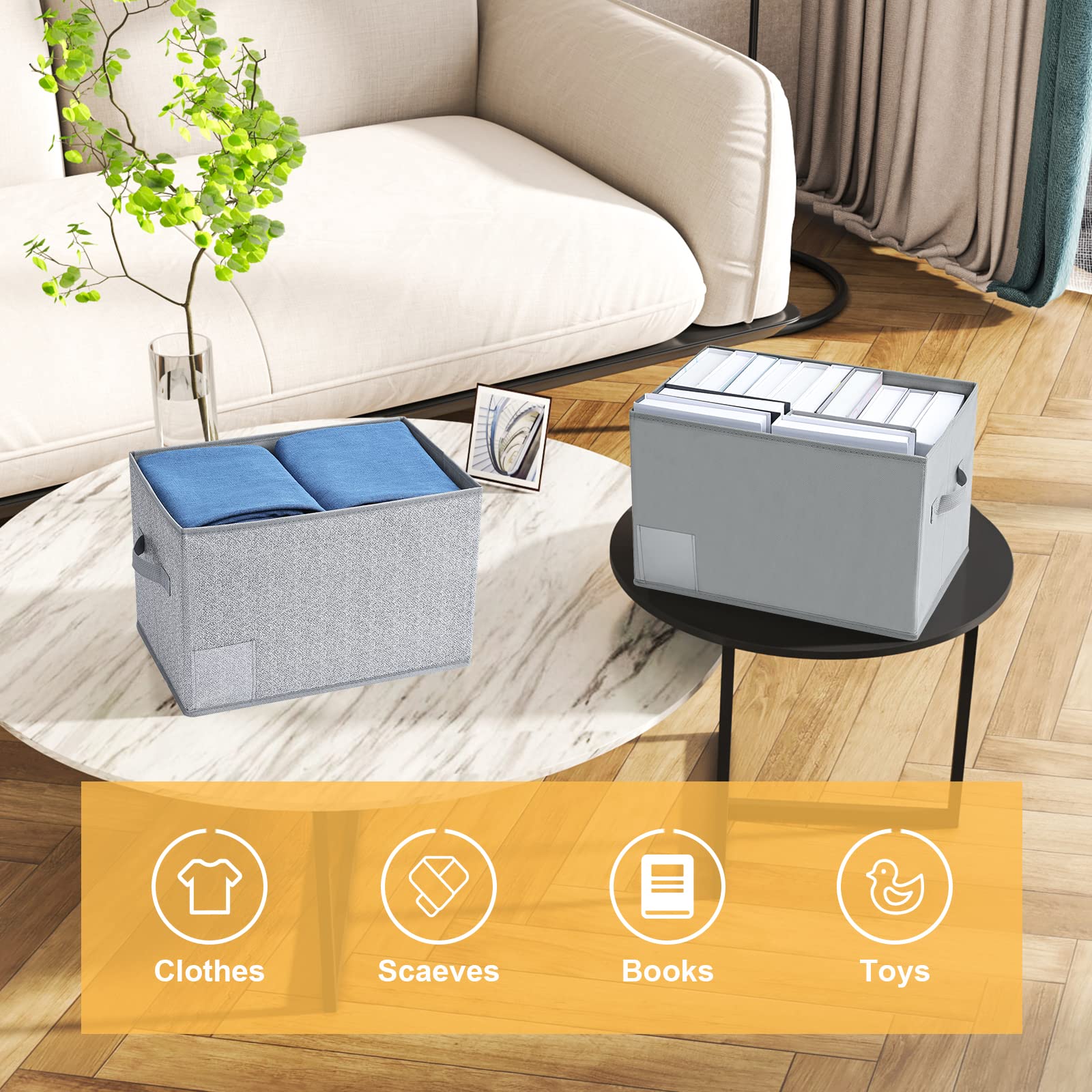 Linen Closet Organizers and Storage Bins - 3 Pack Foldable Fabric Storage Boxes with Labels for Bedroom, Bathroom & Nursery Organization - Grey Decorative Cloth Bins for Shelves, Wardrobes and Home Decor
