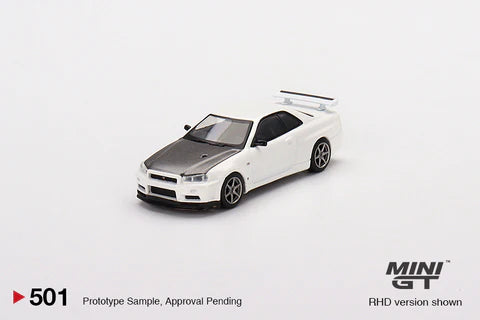 MINIGT 1:64 Scale Diecast Model - Nissan Skyline GT-R R34 V Spec II N1 White - Collectible Car for Display, Racing Games & Gift for Car Enthusiasts